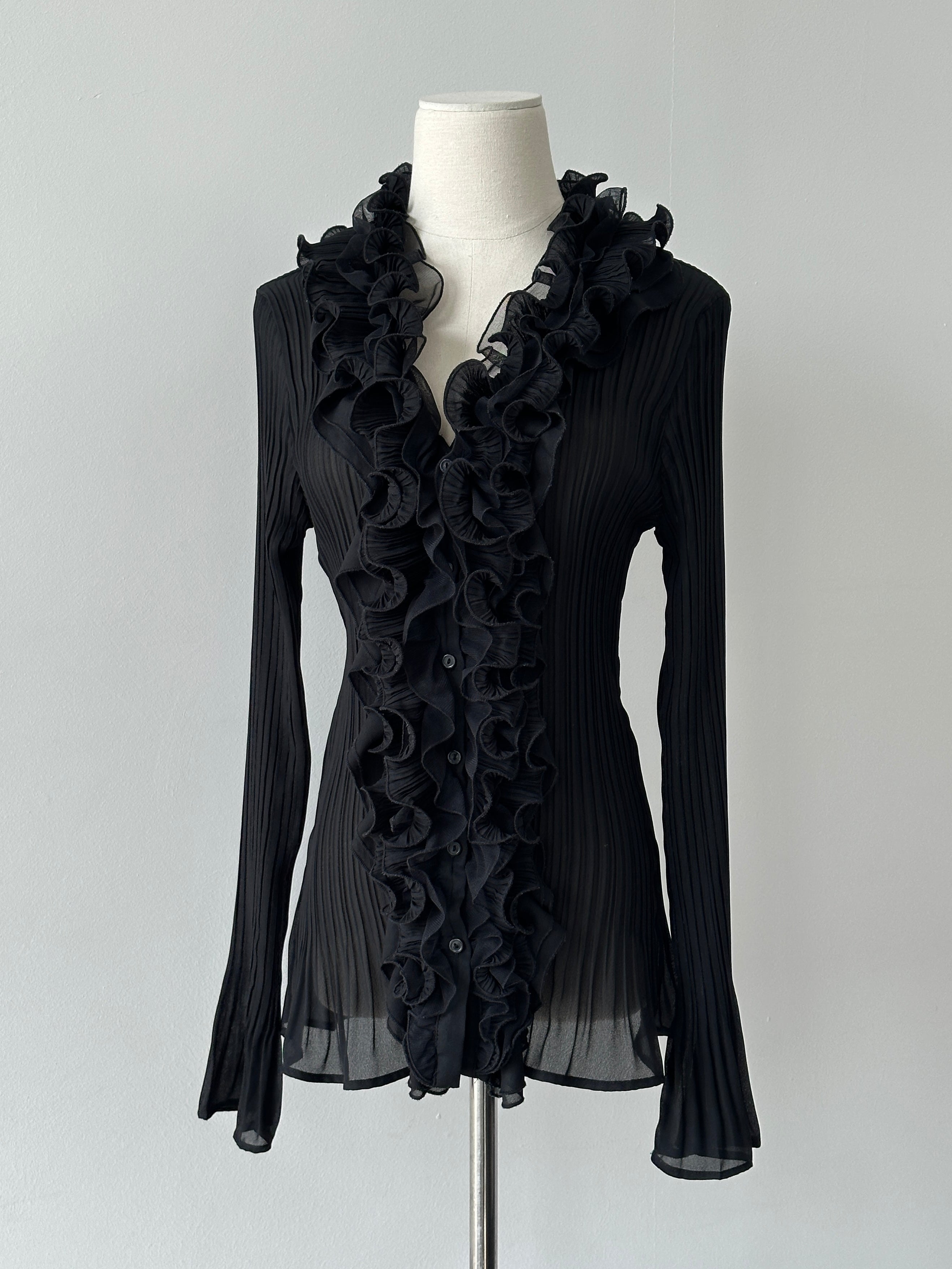 Vintage 1990s Pleated Sheer Ruffle Shirt - M