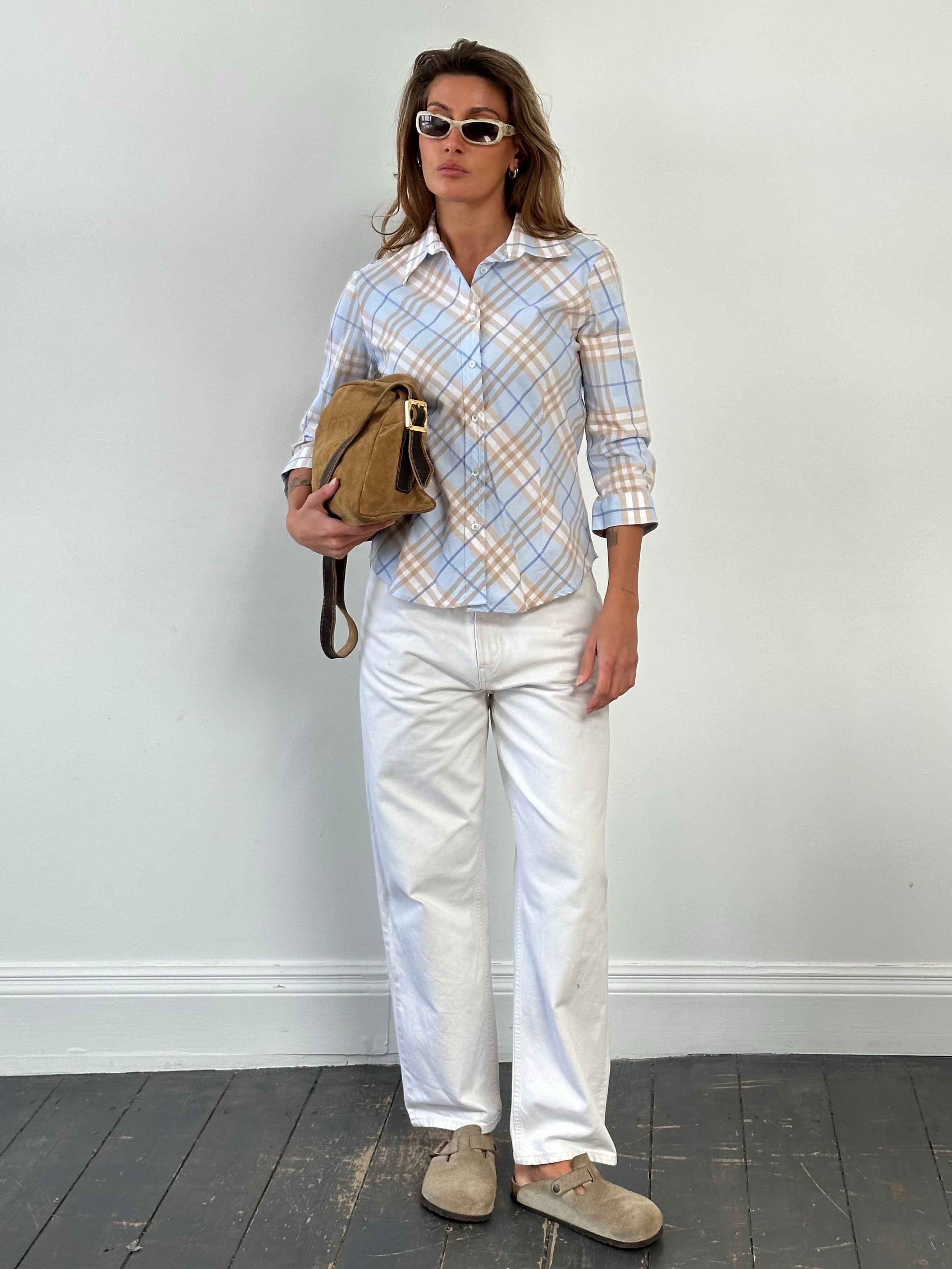 Burberry London 2000s cotton check shirt featuring classic beige, black, and red plaid pattern, long sleeves, and button front.