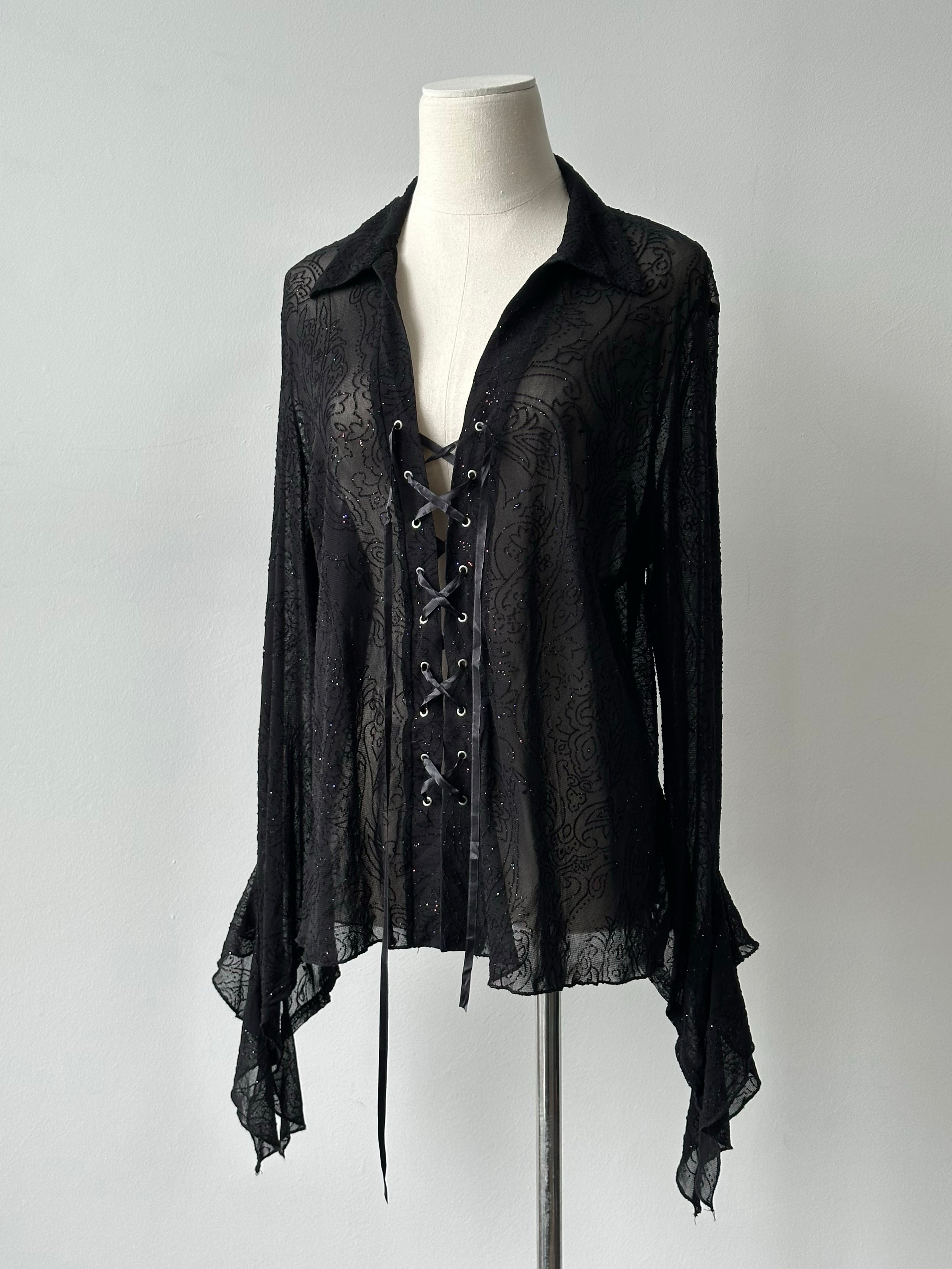 Vintage 1990s Sheer Lace Up Glittery Shirt - M-L