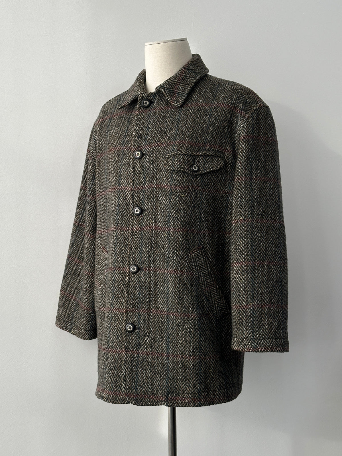 Italian Vintage 1980s Pure Wool Herringbone Coat - L