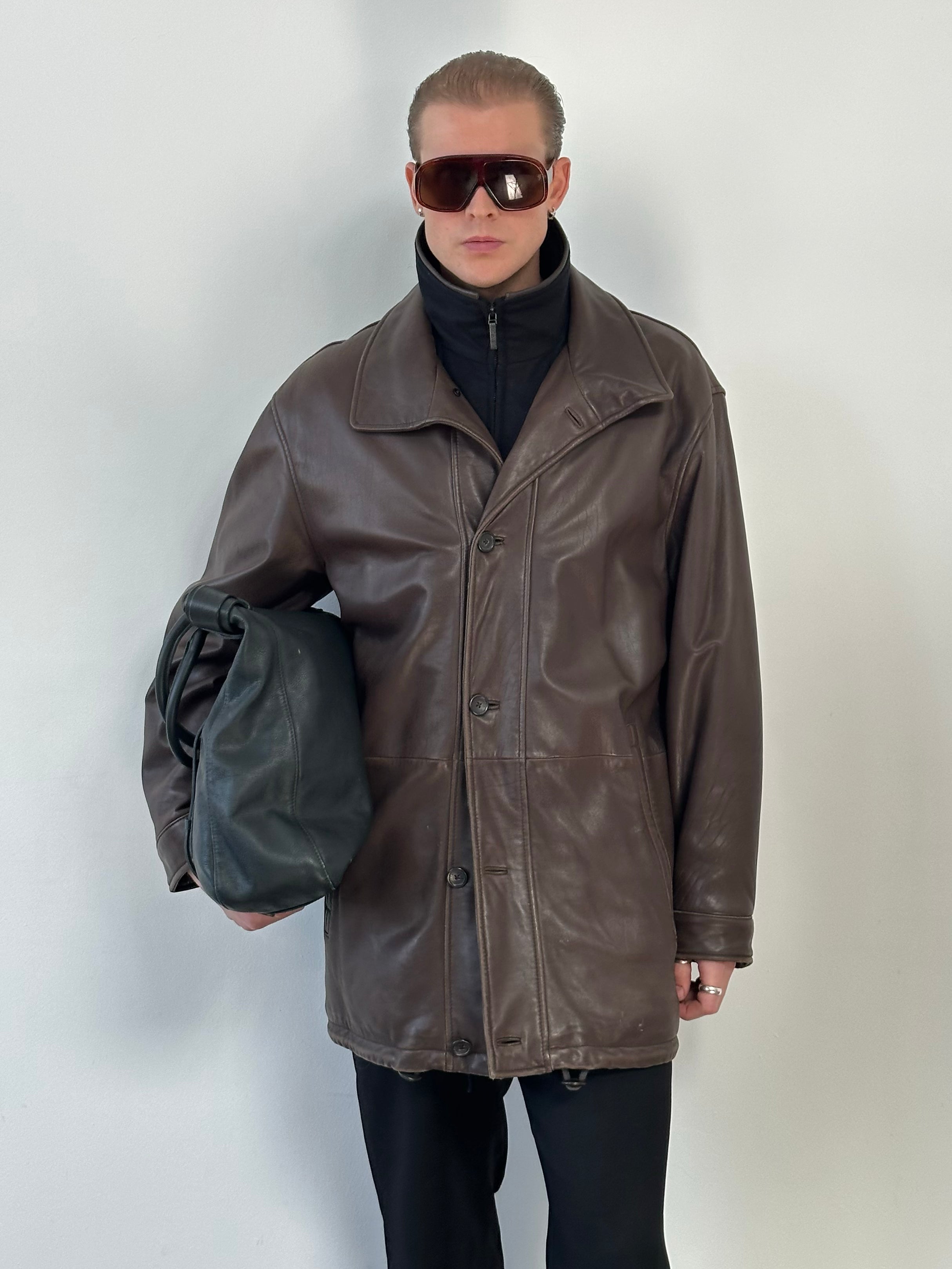 Vintage 1990s Leather Funnel Neck Jacket - XL