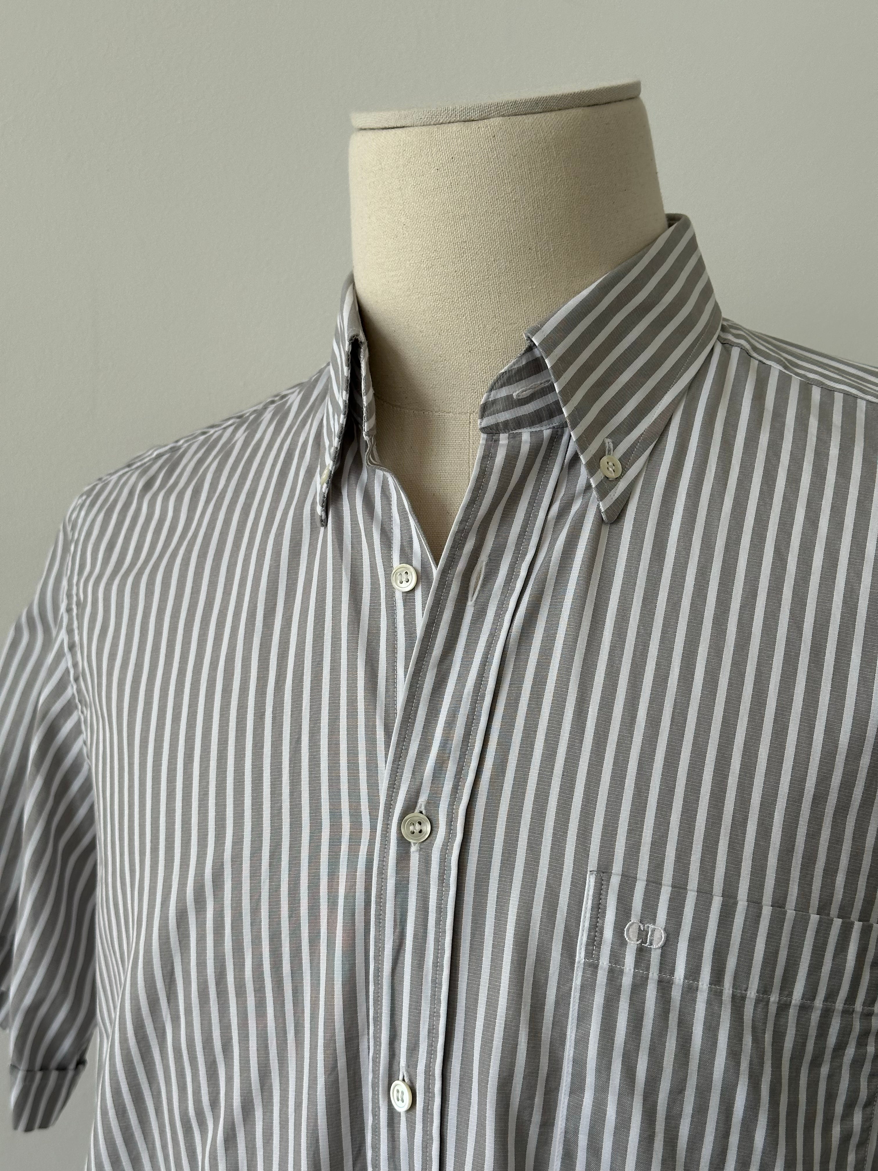 Christian Dior 1990s pure cotton striped short sleeve shirt, size M, with blue and white horizontal stripes, classic button-front design