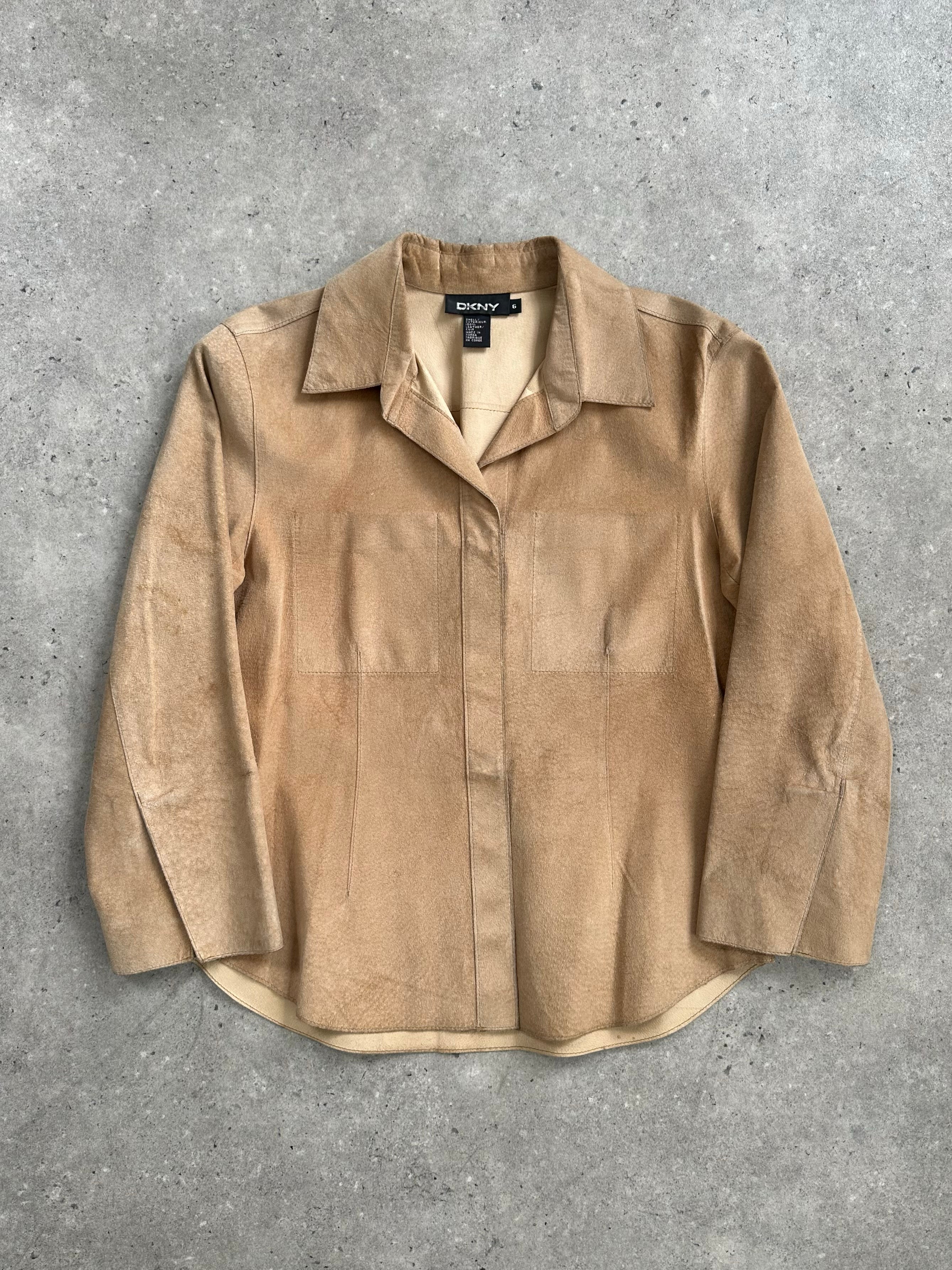DKNY suede shirt with concealed placket, XS size, featuring a leather jacket style, in rich brown color.