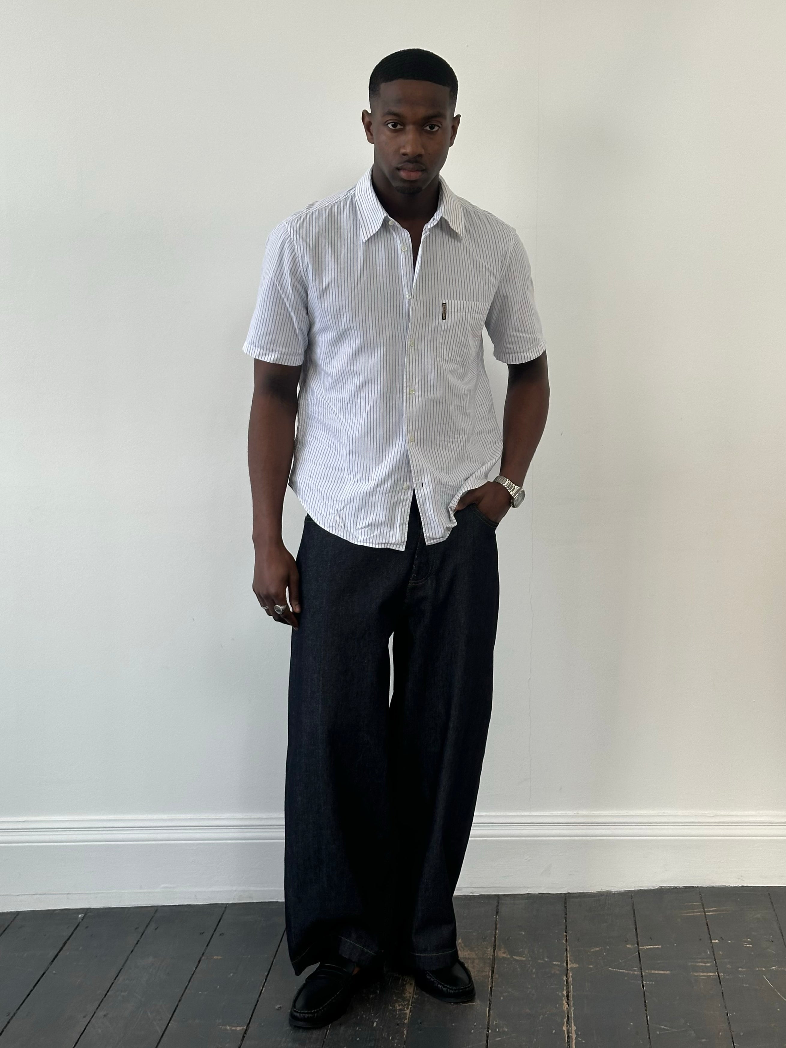 Armani Jeans 2000s Pure Cotton Striped Short Sleeve Shirt - M