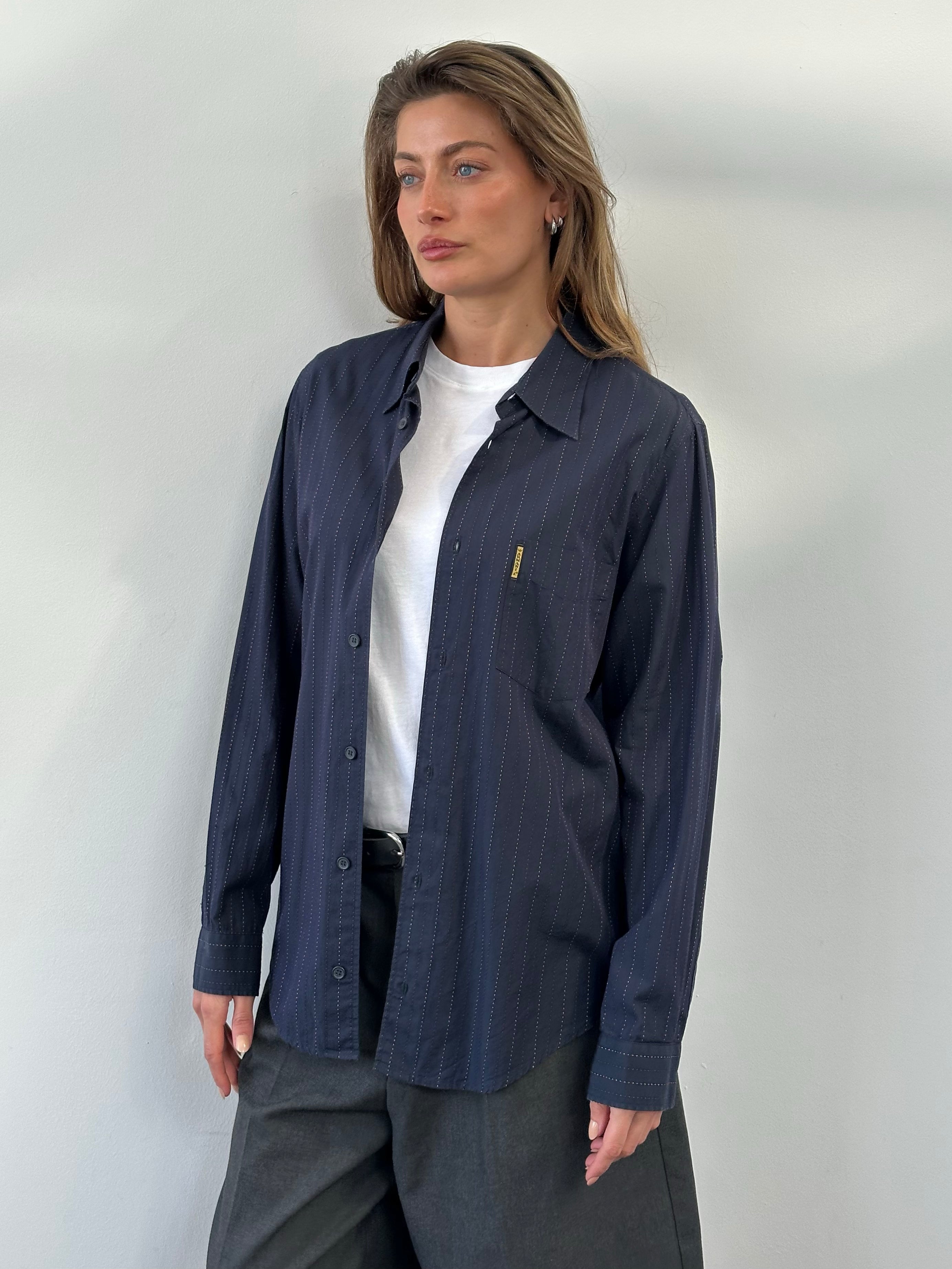 Armani Jeans 1990s pure cotton striped shirt featuring blue and white vertical stripes, classic fit, and button-down collar.
