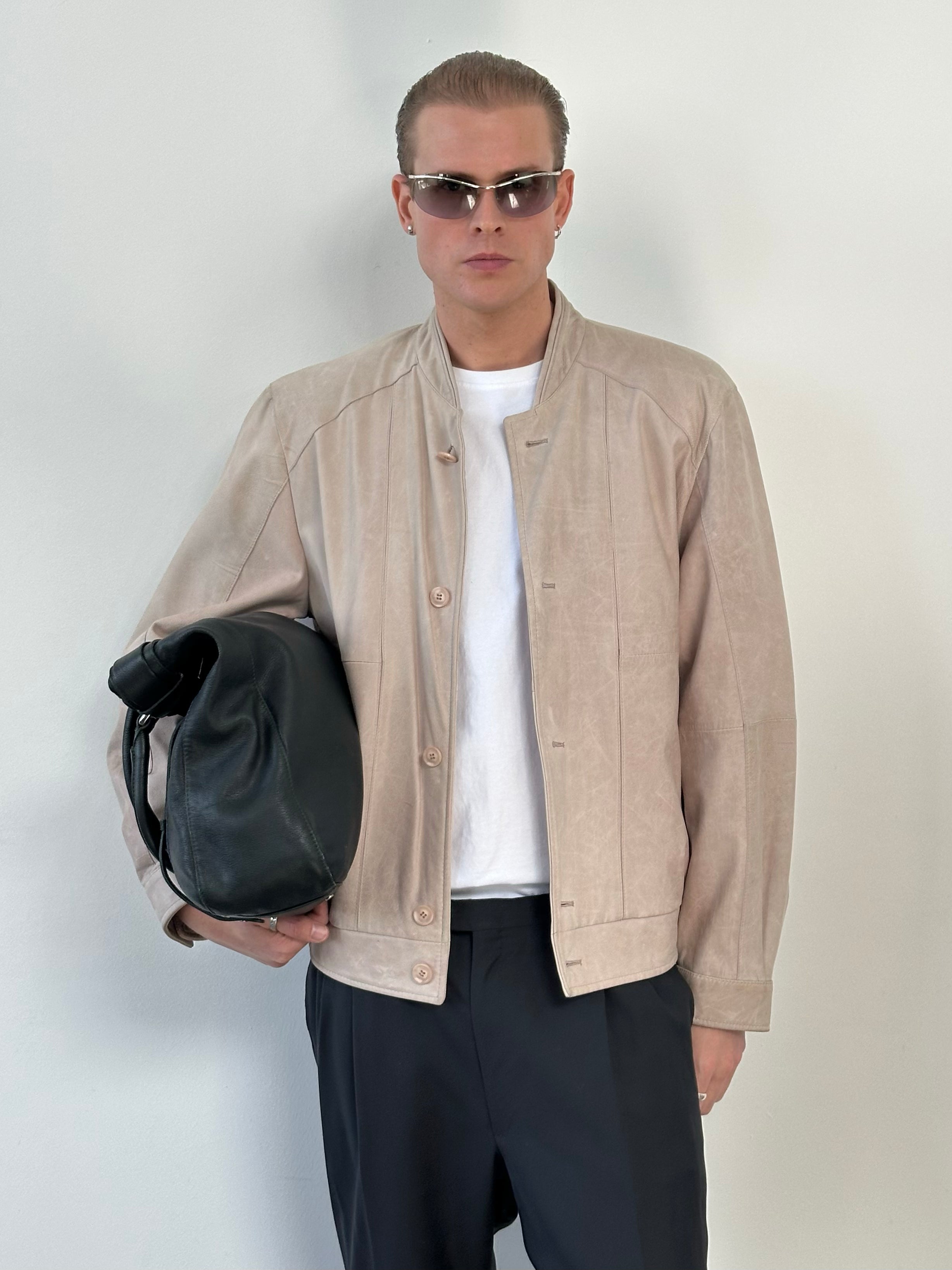 Vintage 1990s Leather Collarless Bomber Jacket - L/XL