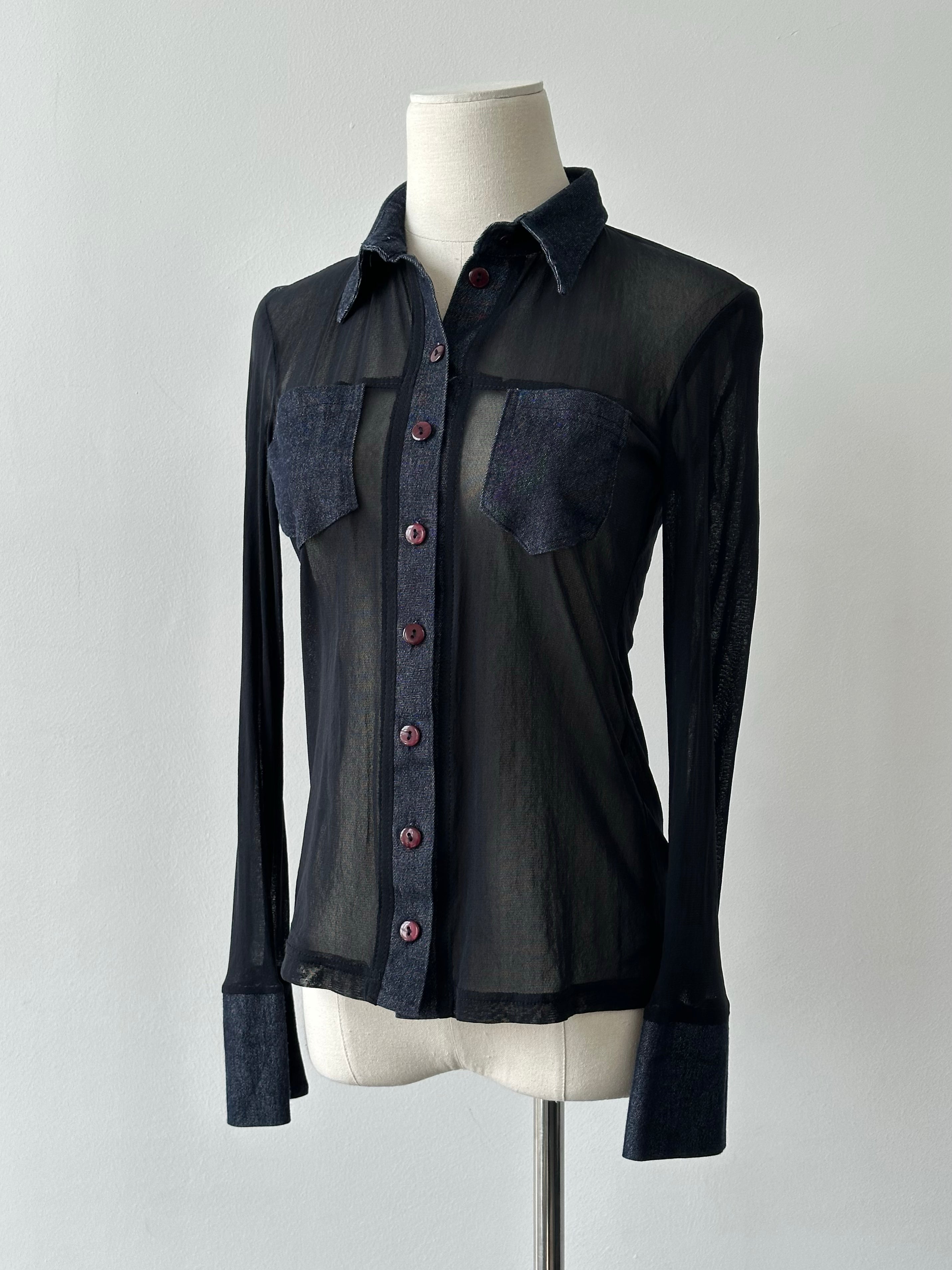 Vintage 1990s Denim Fitted Sheer Shirt - XS-S