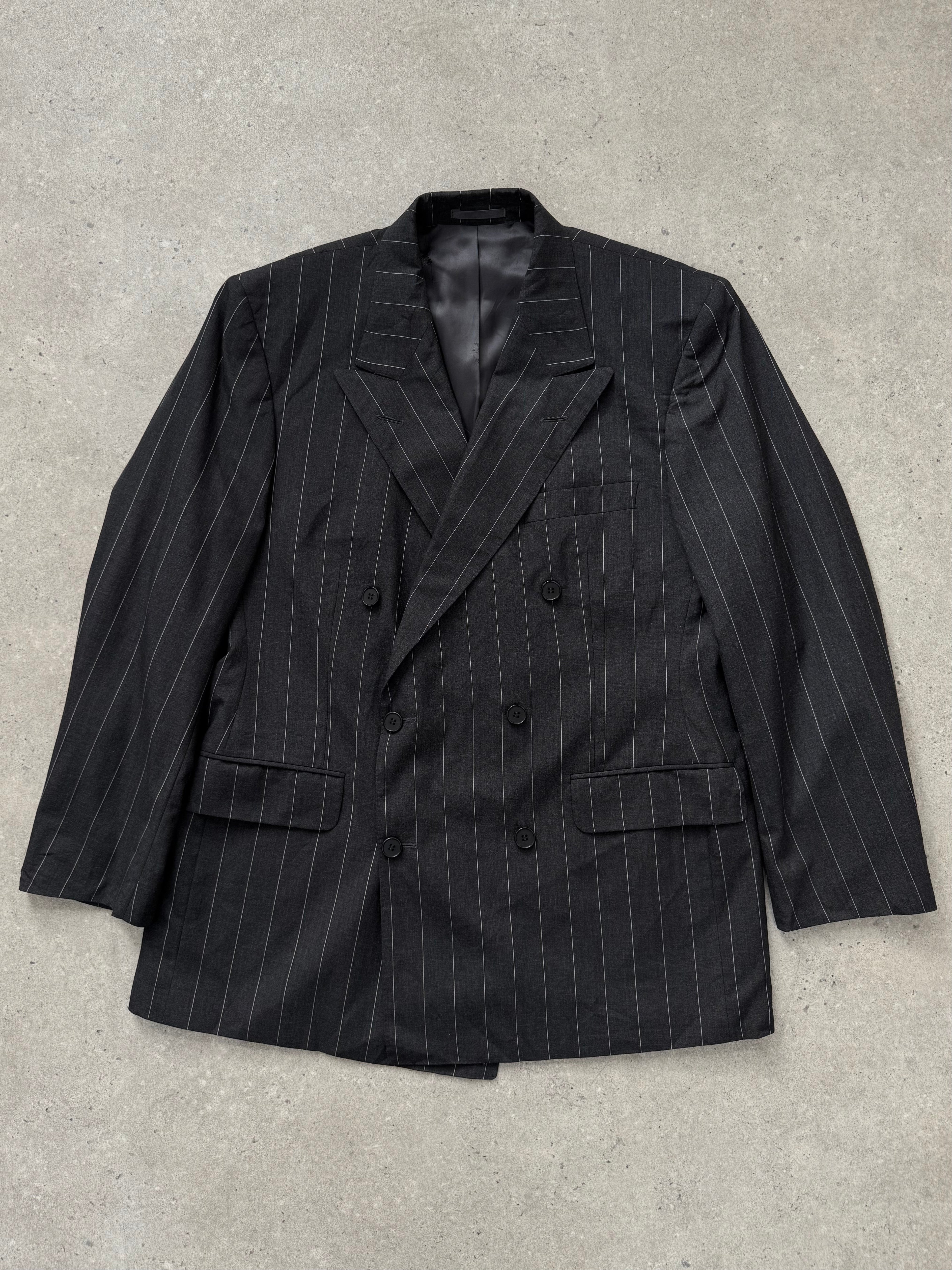 Burberry 1990s pure wool double-breasted stripe blazer in XL, featuring classic tailored fit and signature pattern details.