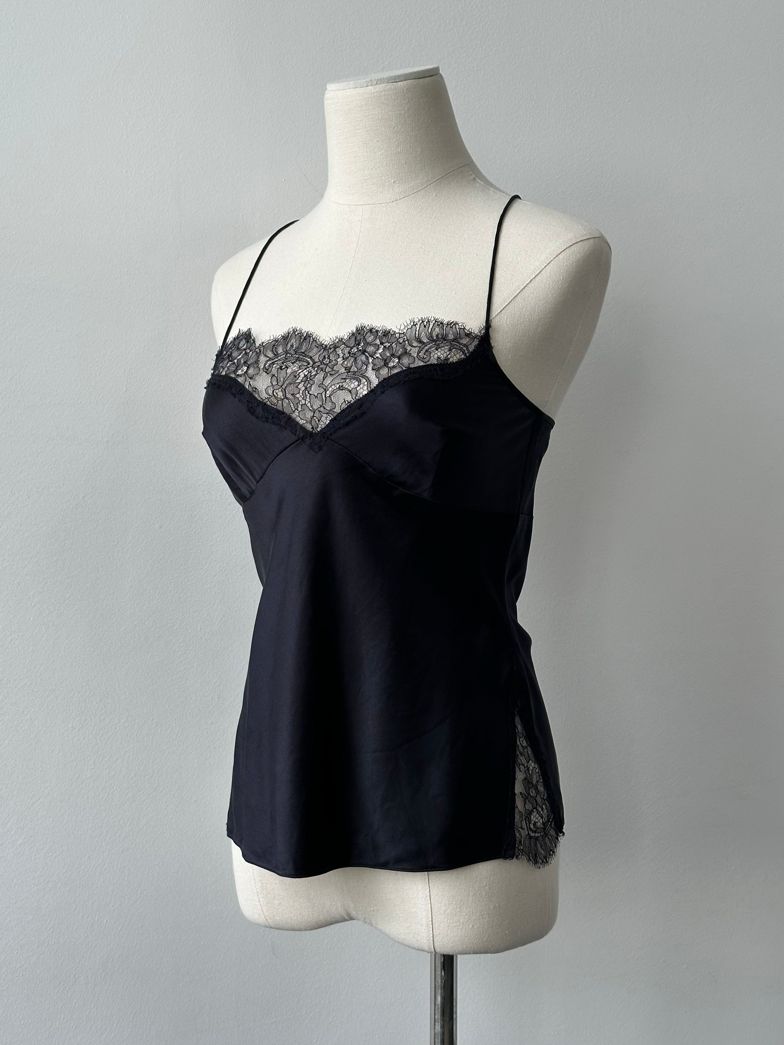 DKNY 2000s silk lace cami top in XS, featuring delicate lace details and a sleek, fitted silhouette.