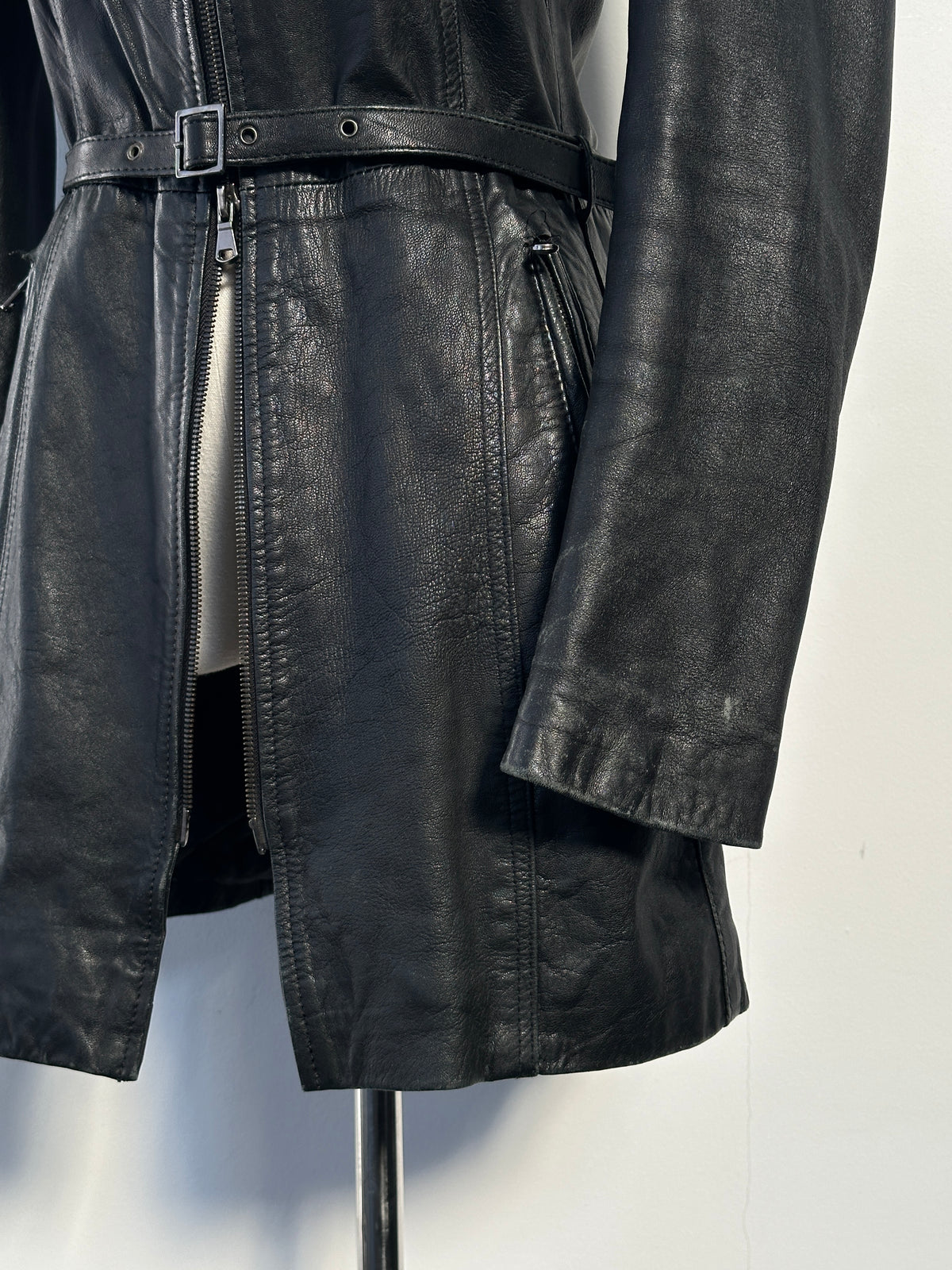 Italian Vintage 1990s Double Zip Belted Leather Jacket - XS