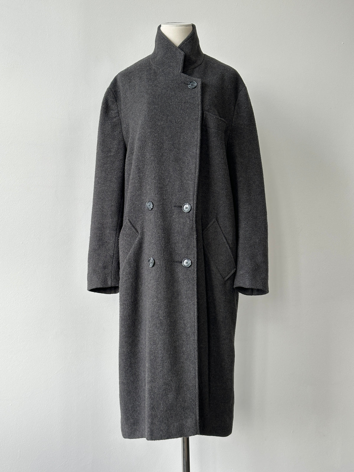 British Vintage 1990s Wool High Neck Double Breasted Coat - L
