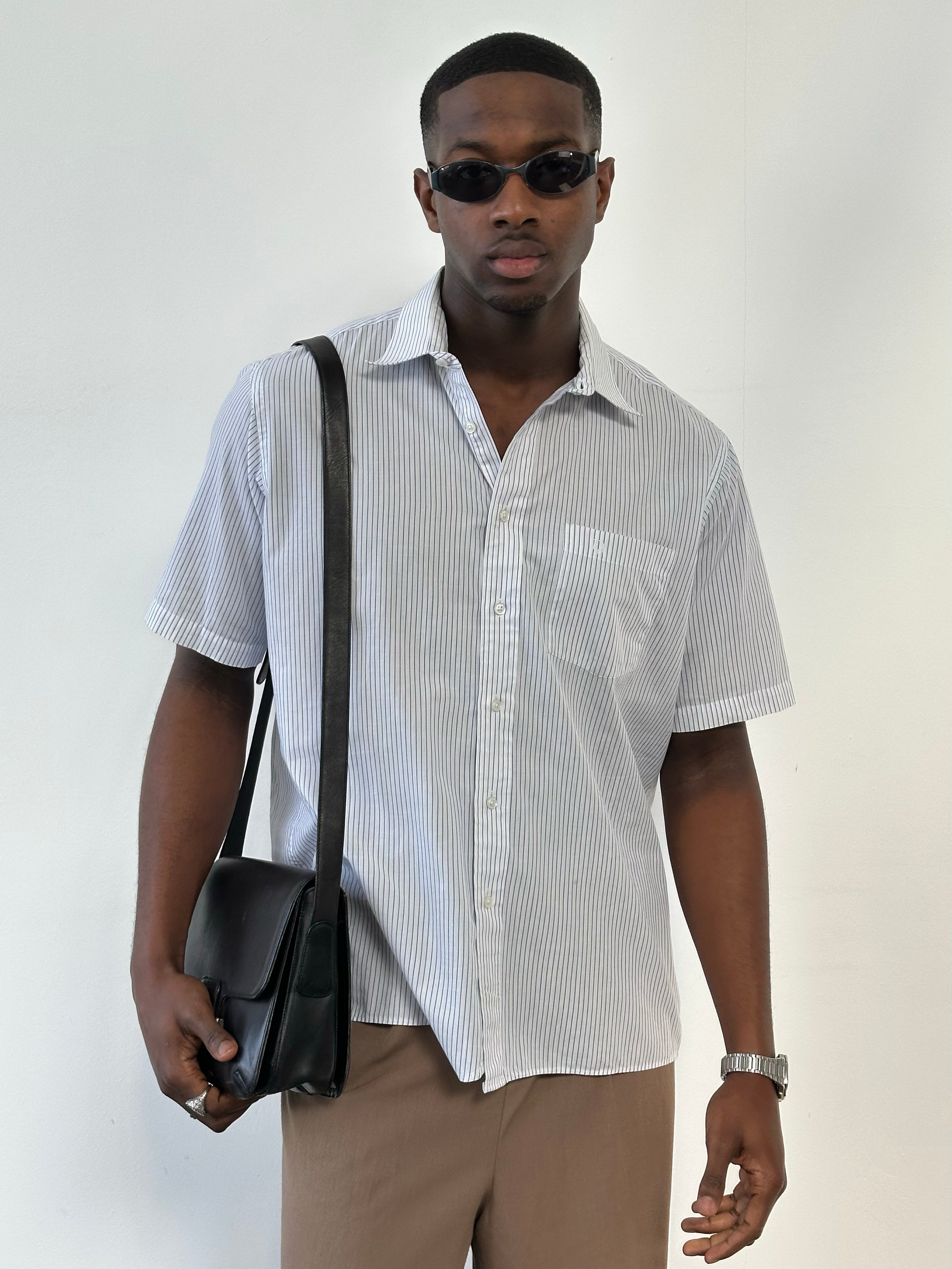 Christian Dior 1990s pure cotton striped short sleeve shirt in XL displayed with button-front and classic design.