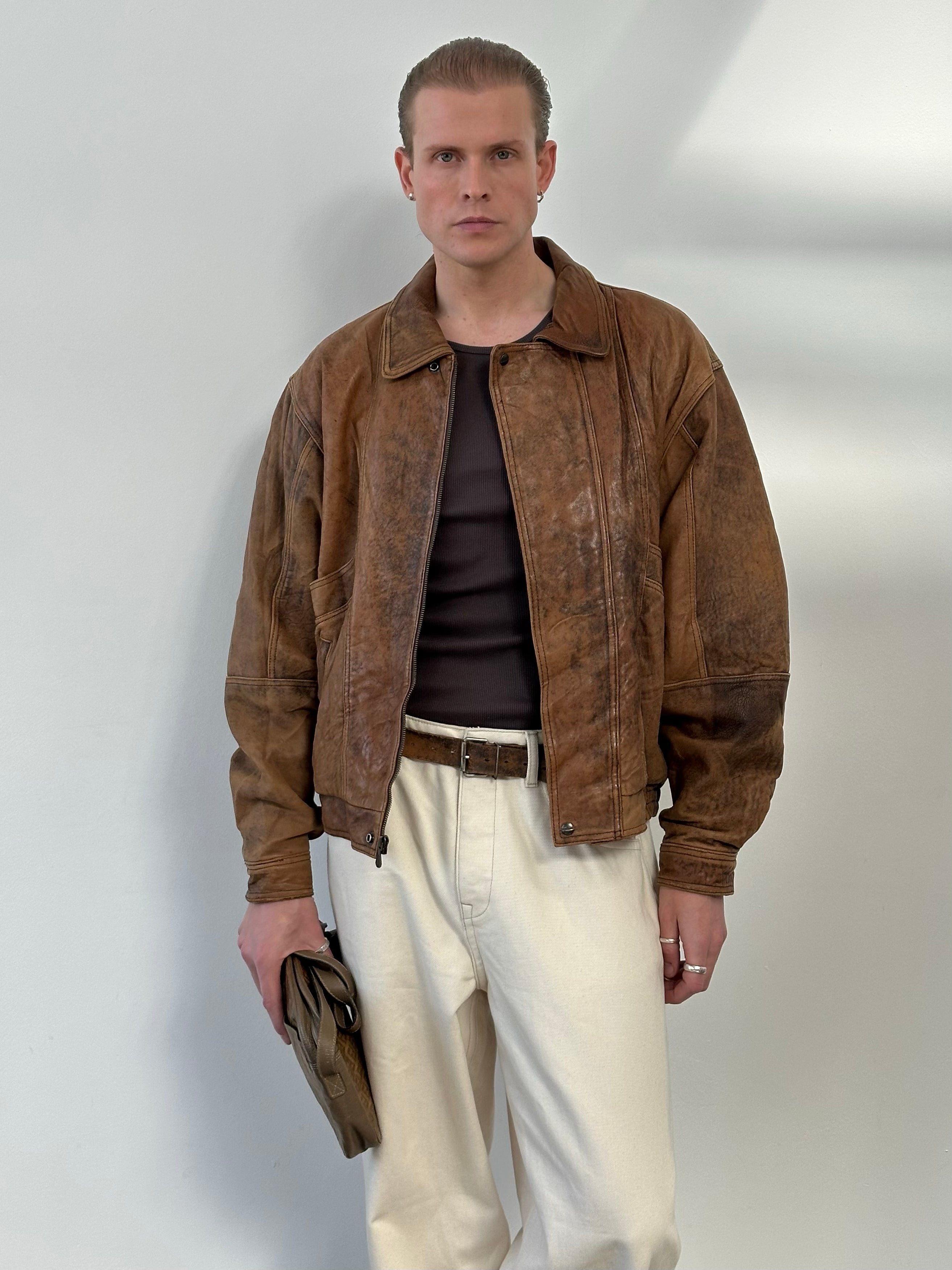 Vintage 1990s Aged Leather Bomber Jacket - XL