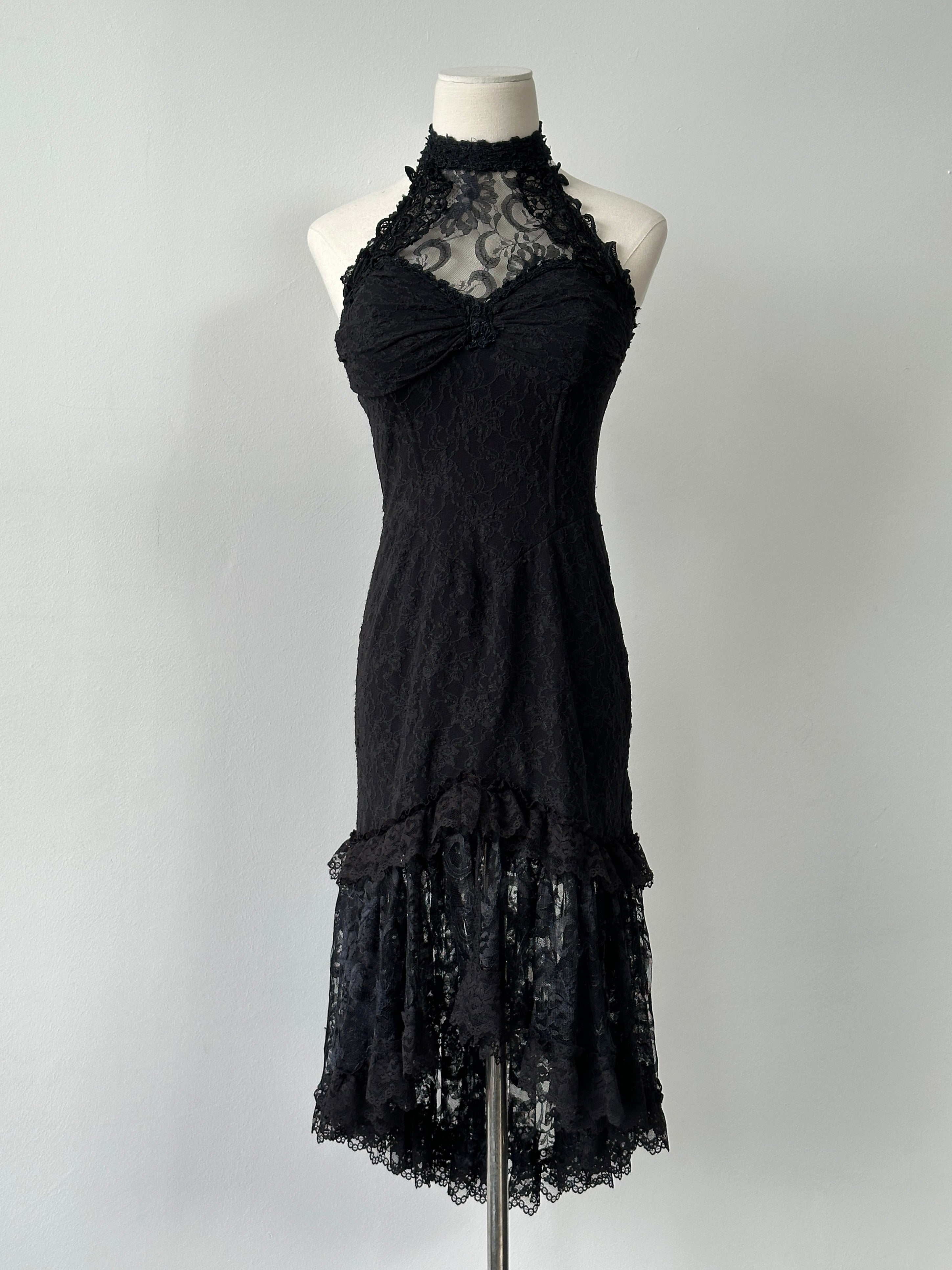 Vintage 2000s Lace Halterneck Midi Dress - M