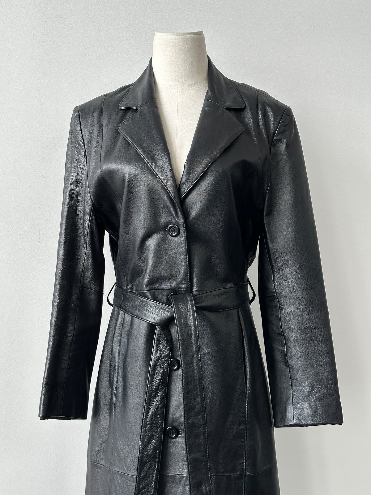 Vintage 1990s Belted Leather Trench Coat - M