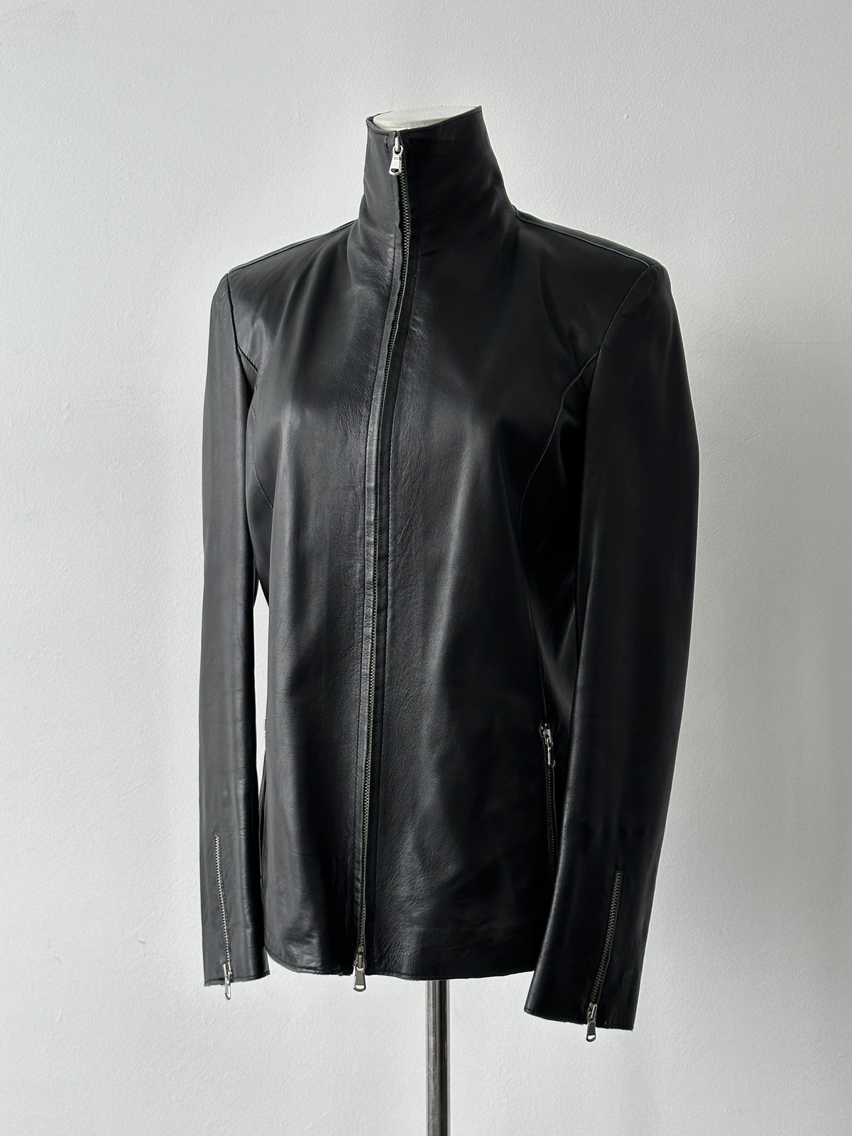 Vintage 1990s High Neck Double Zip Leather Jacket - S