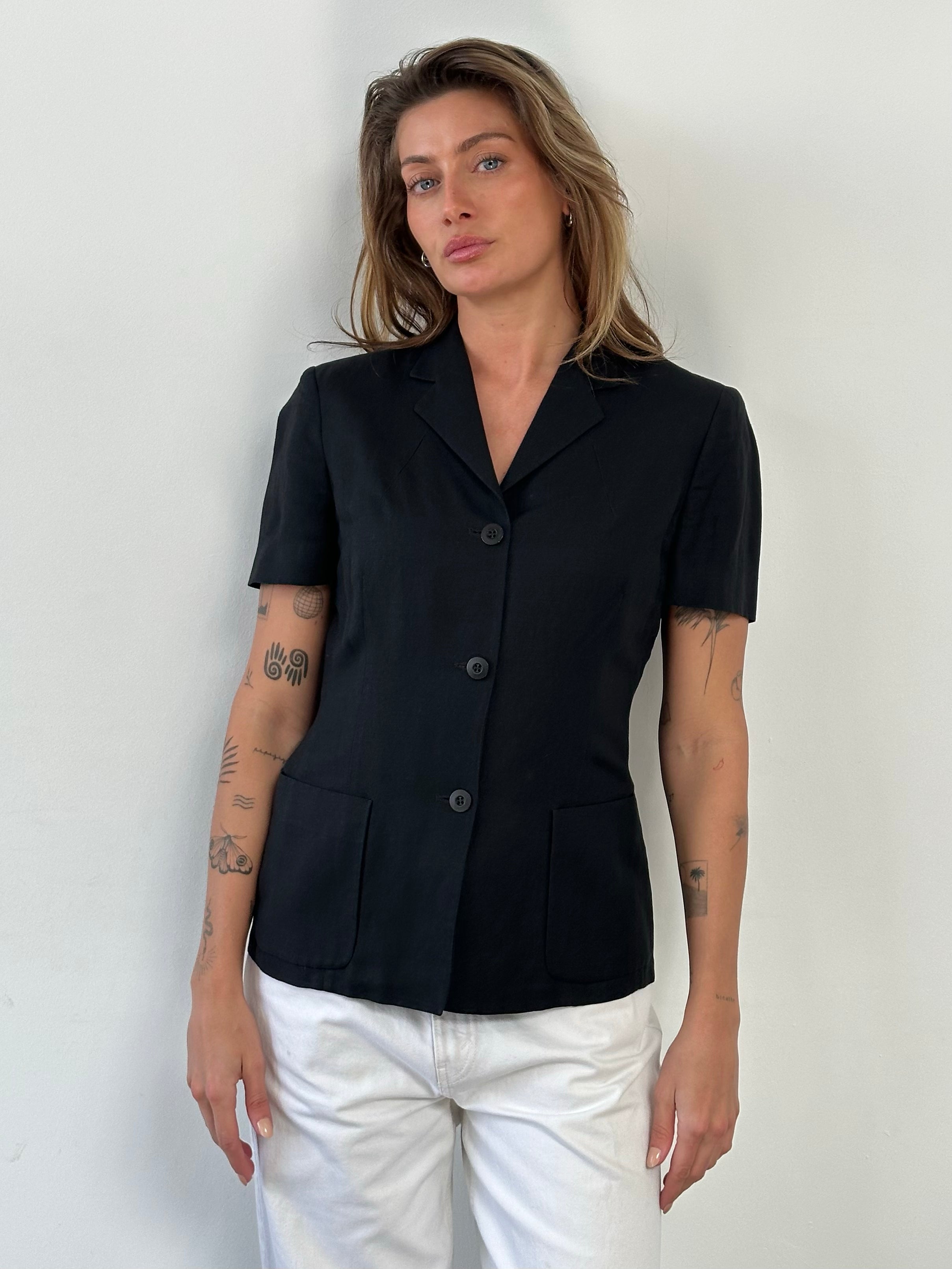 Marella 1990s Linen Short Sleeve Fitted Blazer - M