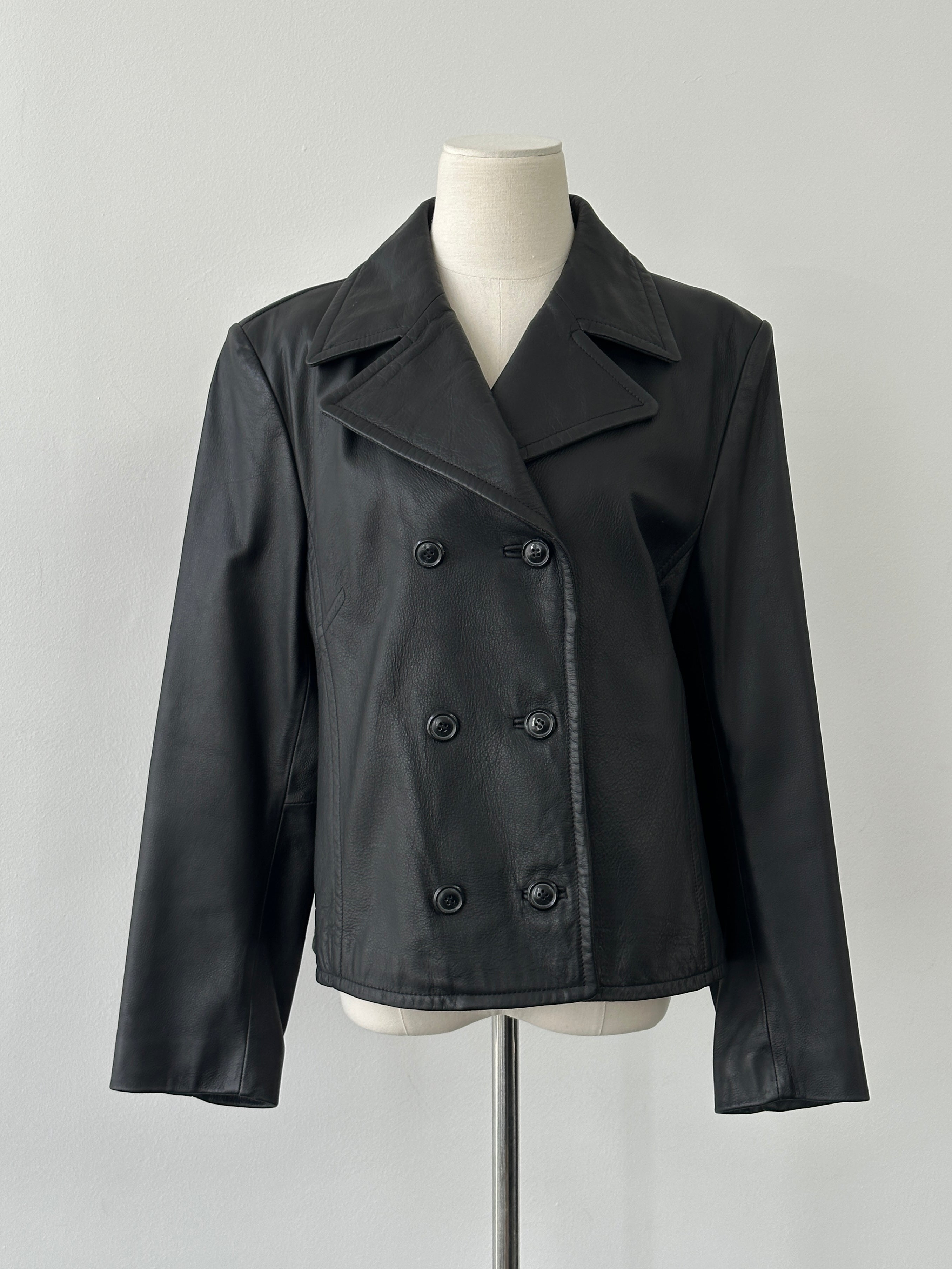Vintage 1990s Cropped Double Breasted Leather Jacket - M