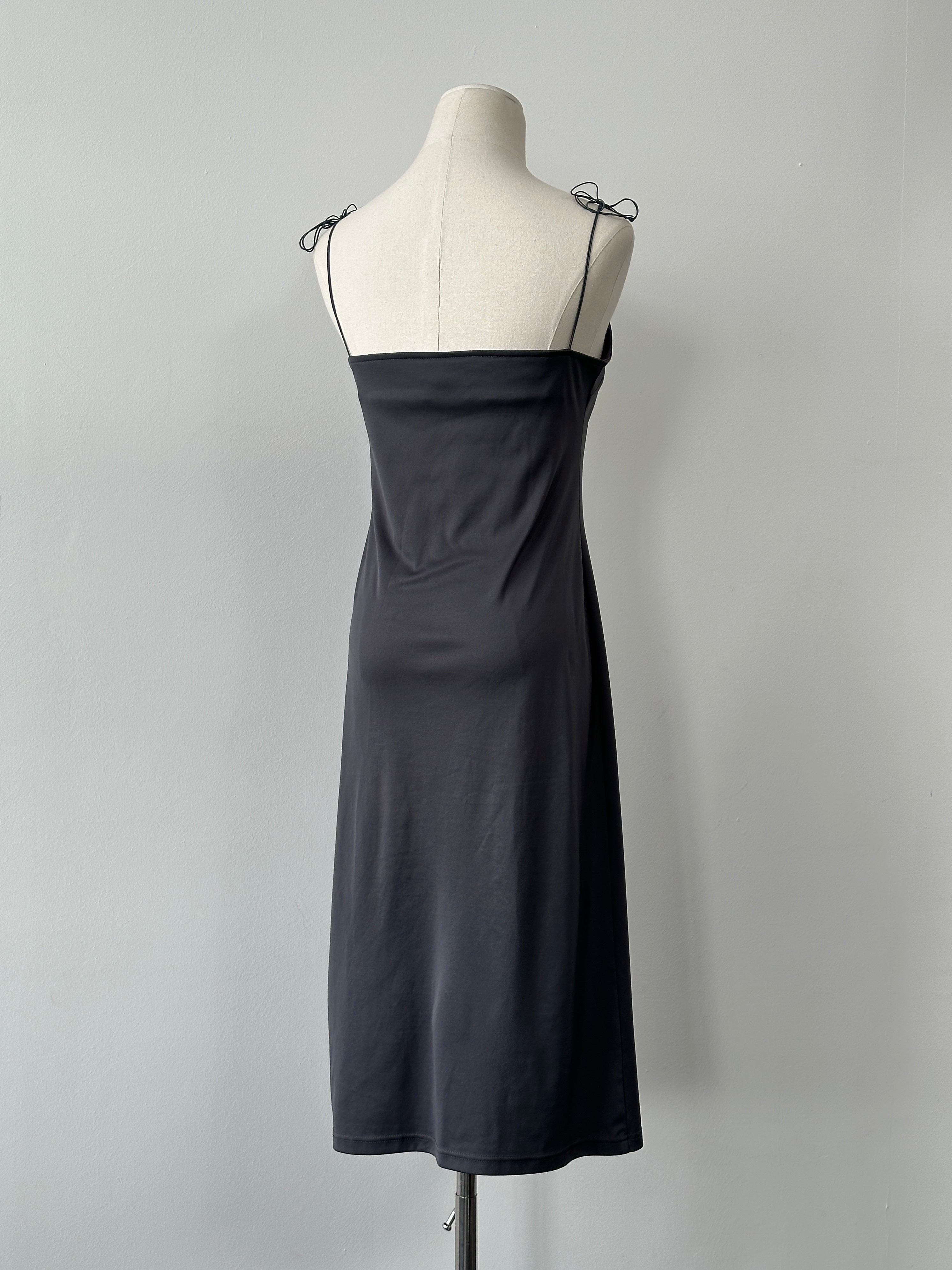 Vintage 1990s square neck satin midi slip dress, size small, with a sleek, shiny satin fabric and vintage-inspired design.