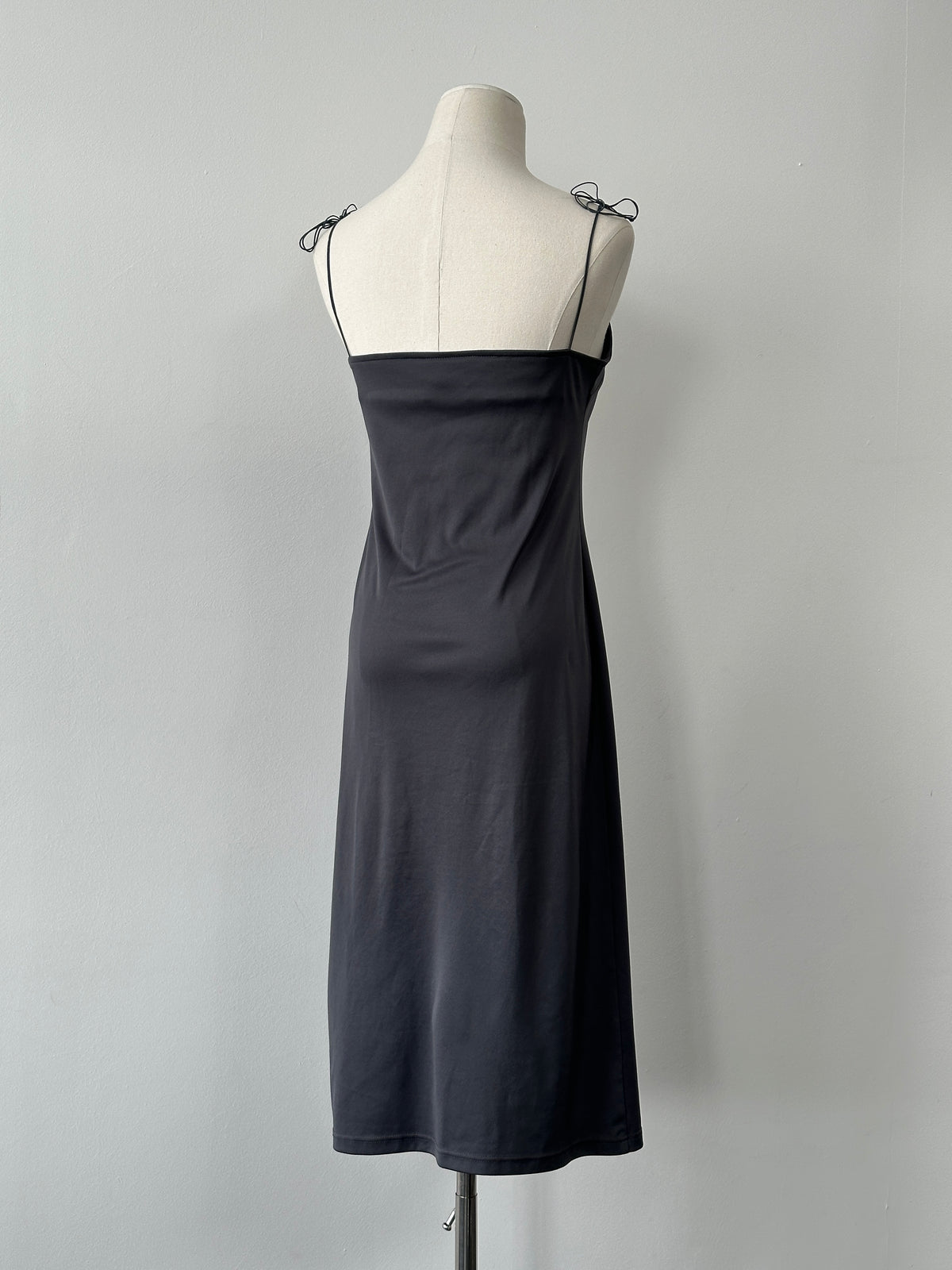Vintage 1990s square neck satin midi slip dress, size small, with a sleek, shiny satin fabric and vintage-inspired design.