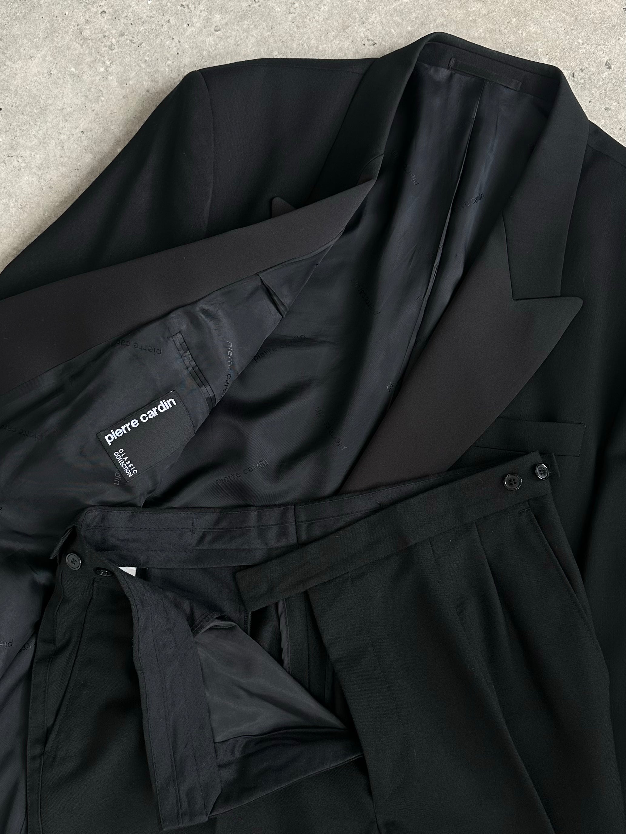 Pierre Cardin 1990s wool double-breasted tuxedo suit, size 46R/W32, featuring classic tailored lapels and button details.