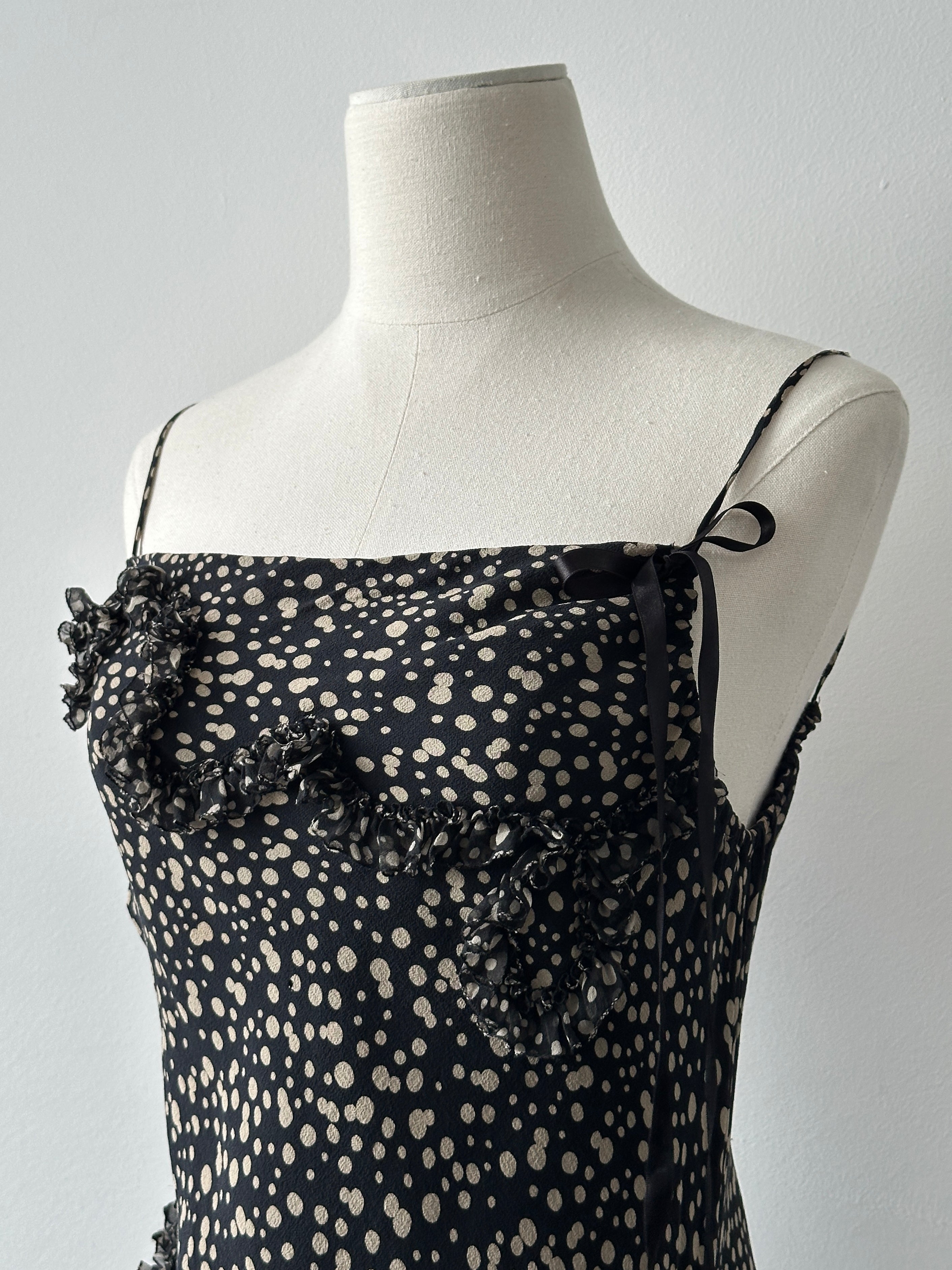 Vintage 2000s Silk Asymmetric Ruffle Print Dress - S-M