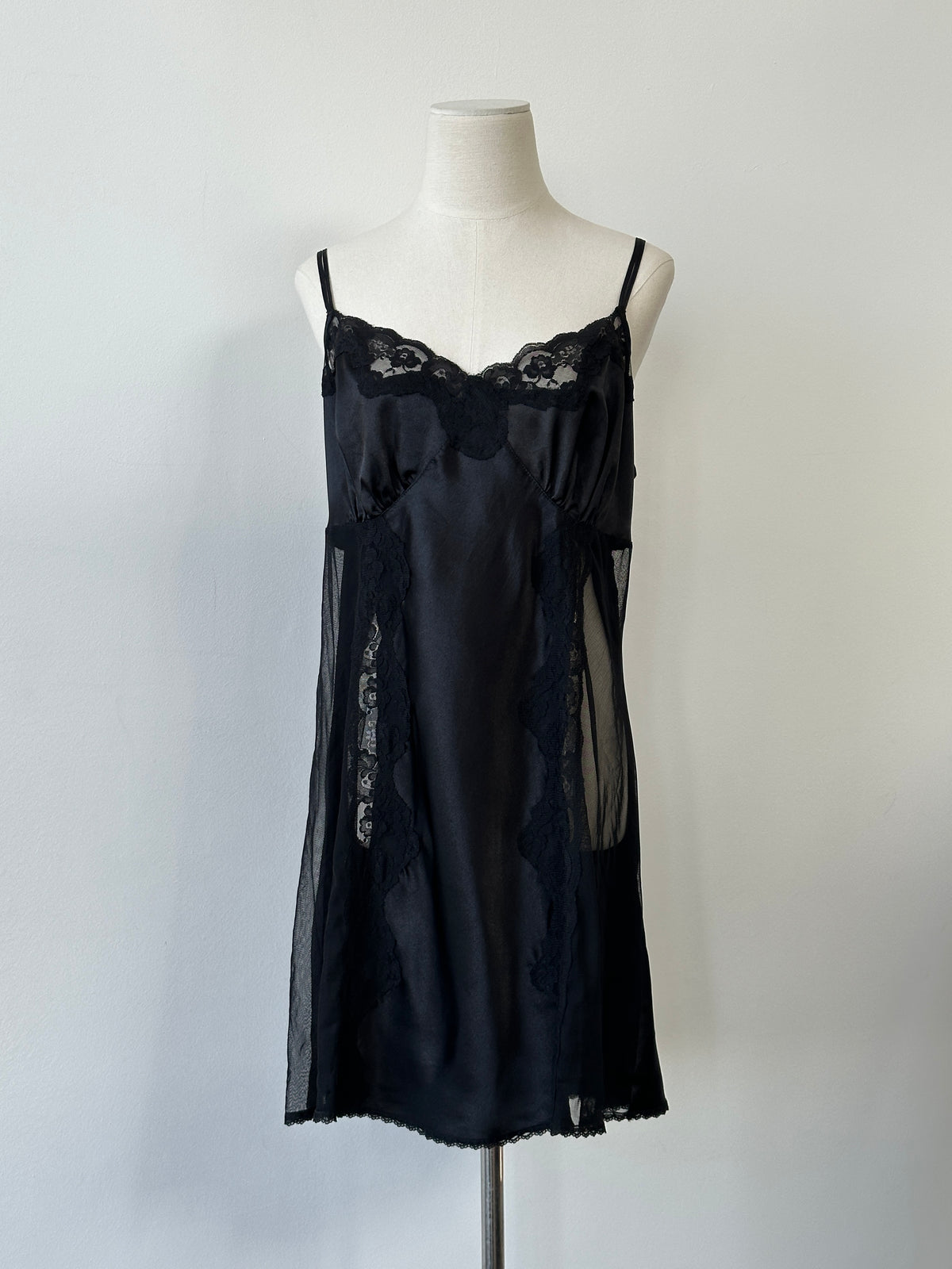 Vintage 1990s Satin Lace Sheer Mini Slip Dress - L