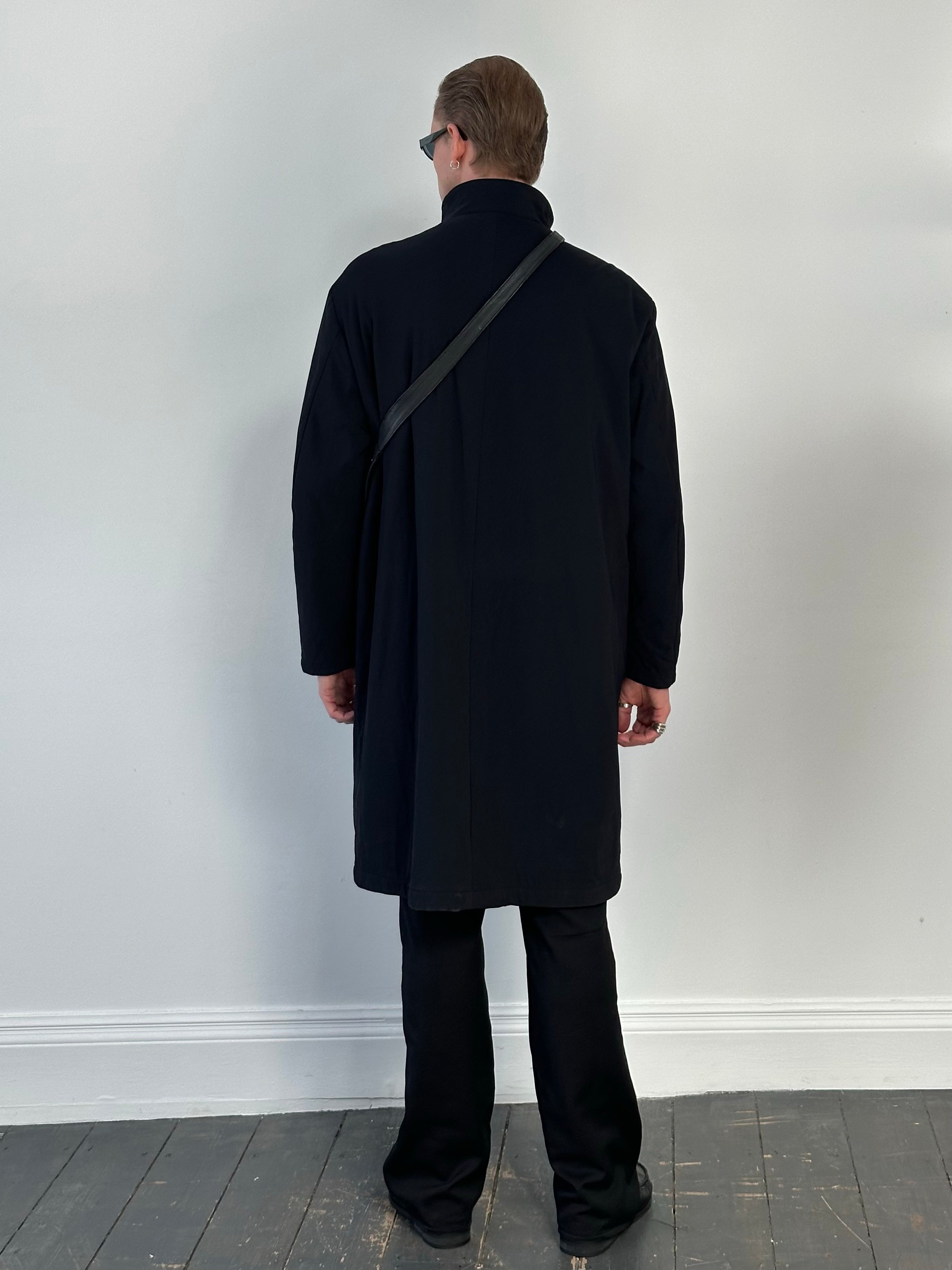 Hugo Boss 2000s cotton high neck double zip trench coat in size L, shown with front view, high collar, and double zipper details.