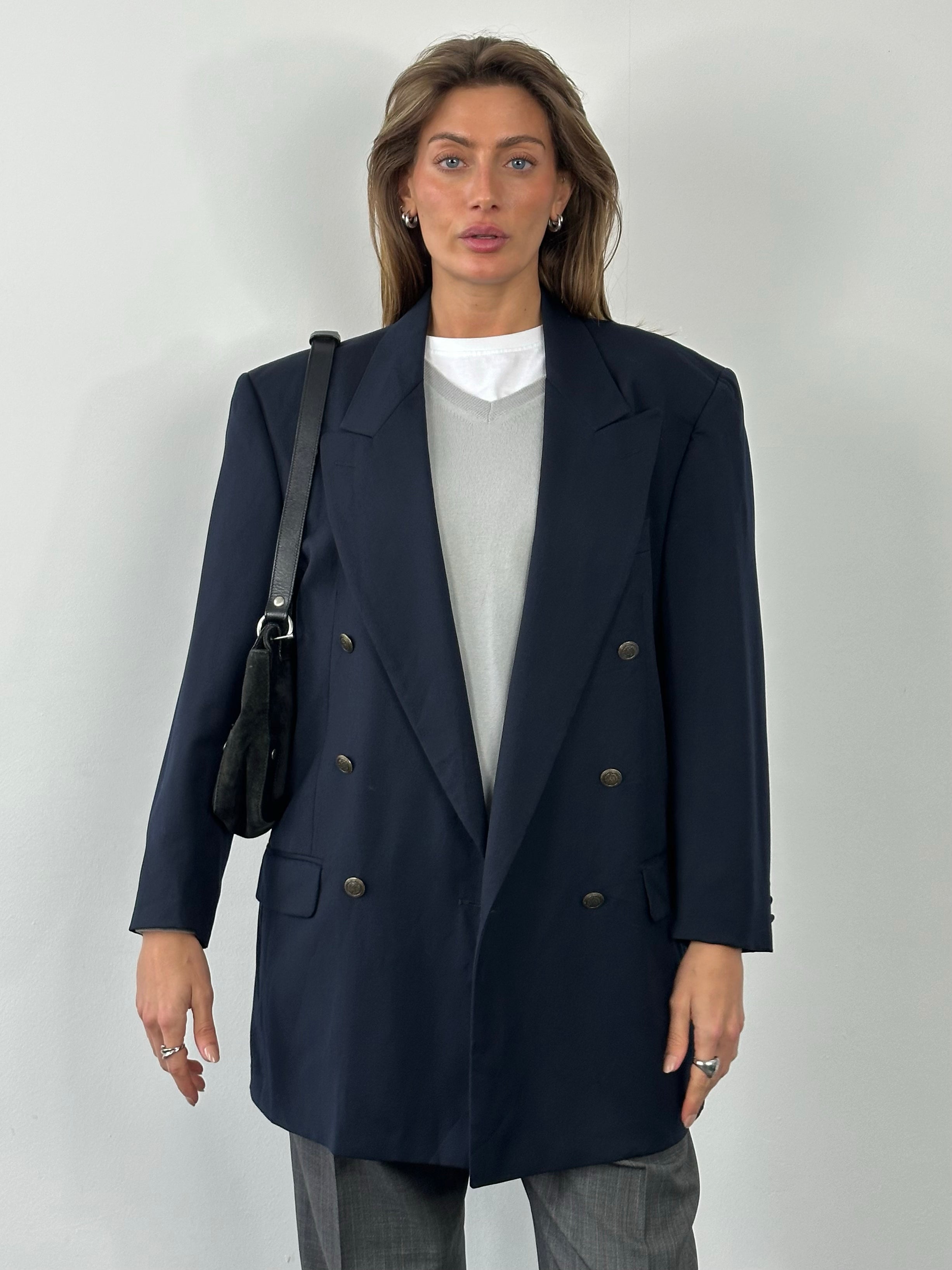 Yves Saint Laurent 1980s bespoke double-breasted wool blazer in XL/XXL, classic tailored design with buttons and structured fit.