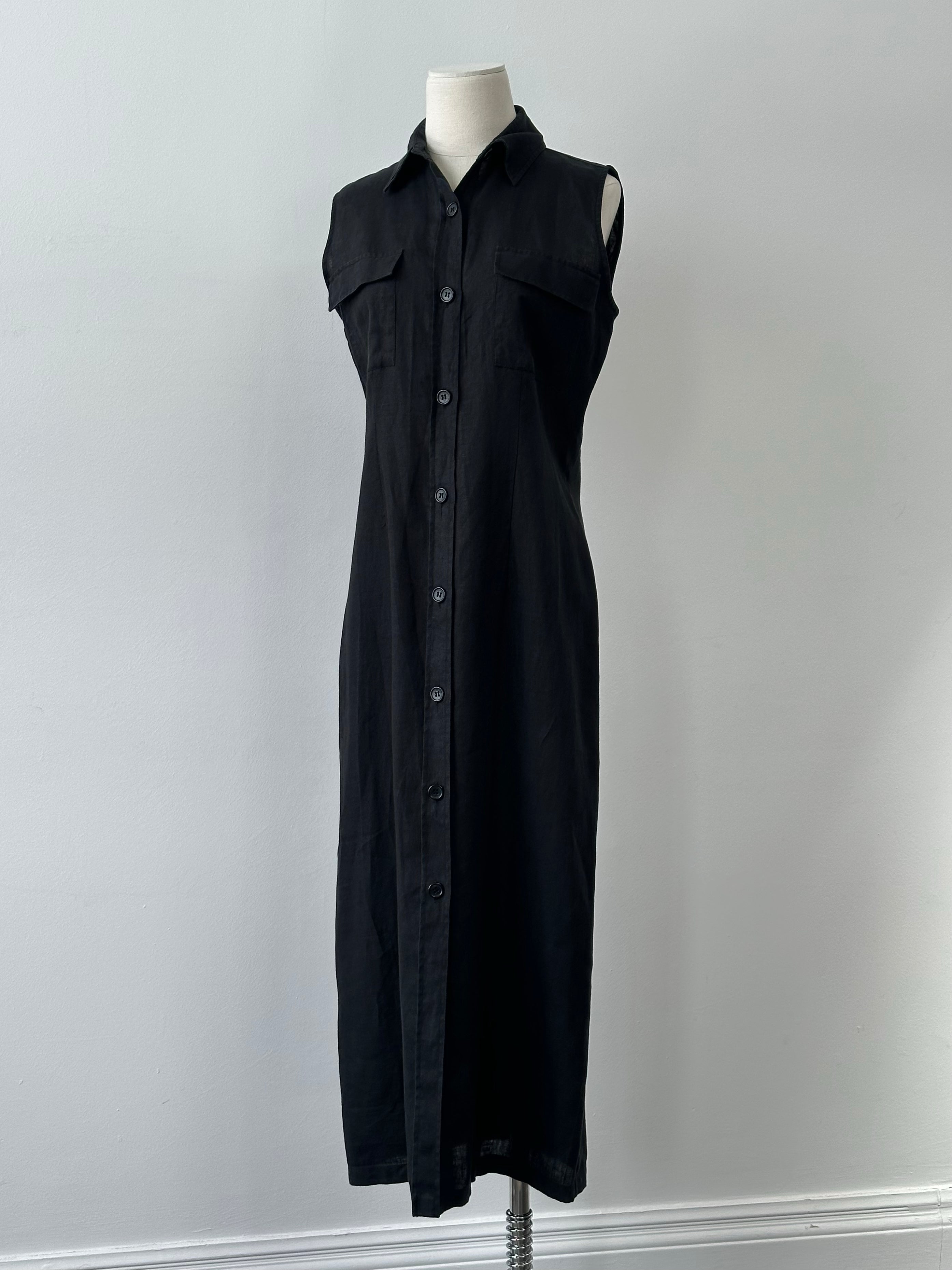 Mani 1990s pure linen sleeveless floor-length dress in natural color, elegant and lightweight for summer wear.