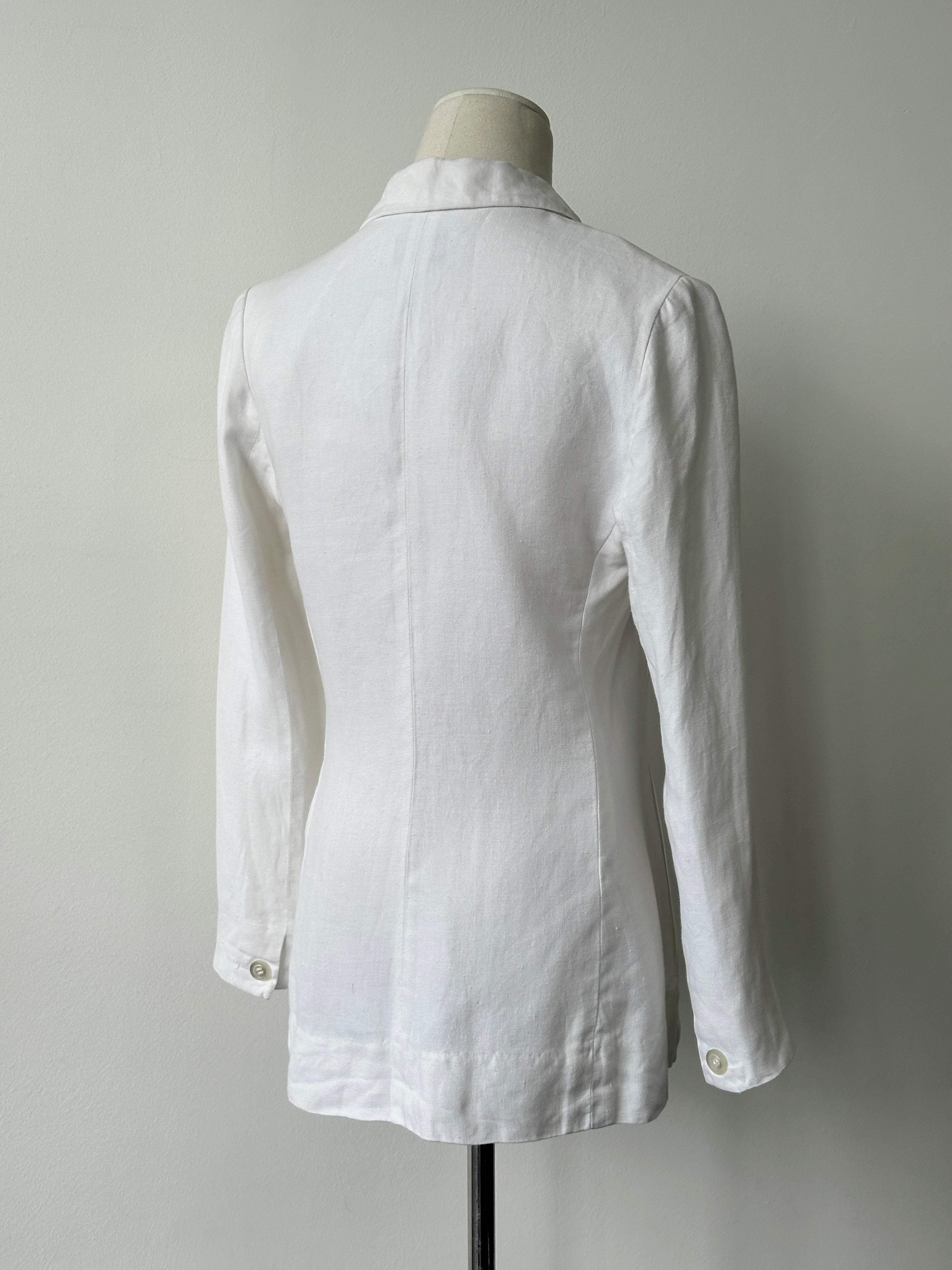 Max Mara 1990s pure linen single-breasted jacket in size S, shown on a hanger with a neutral background.