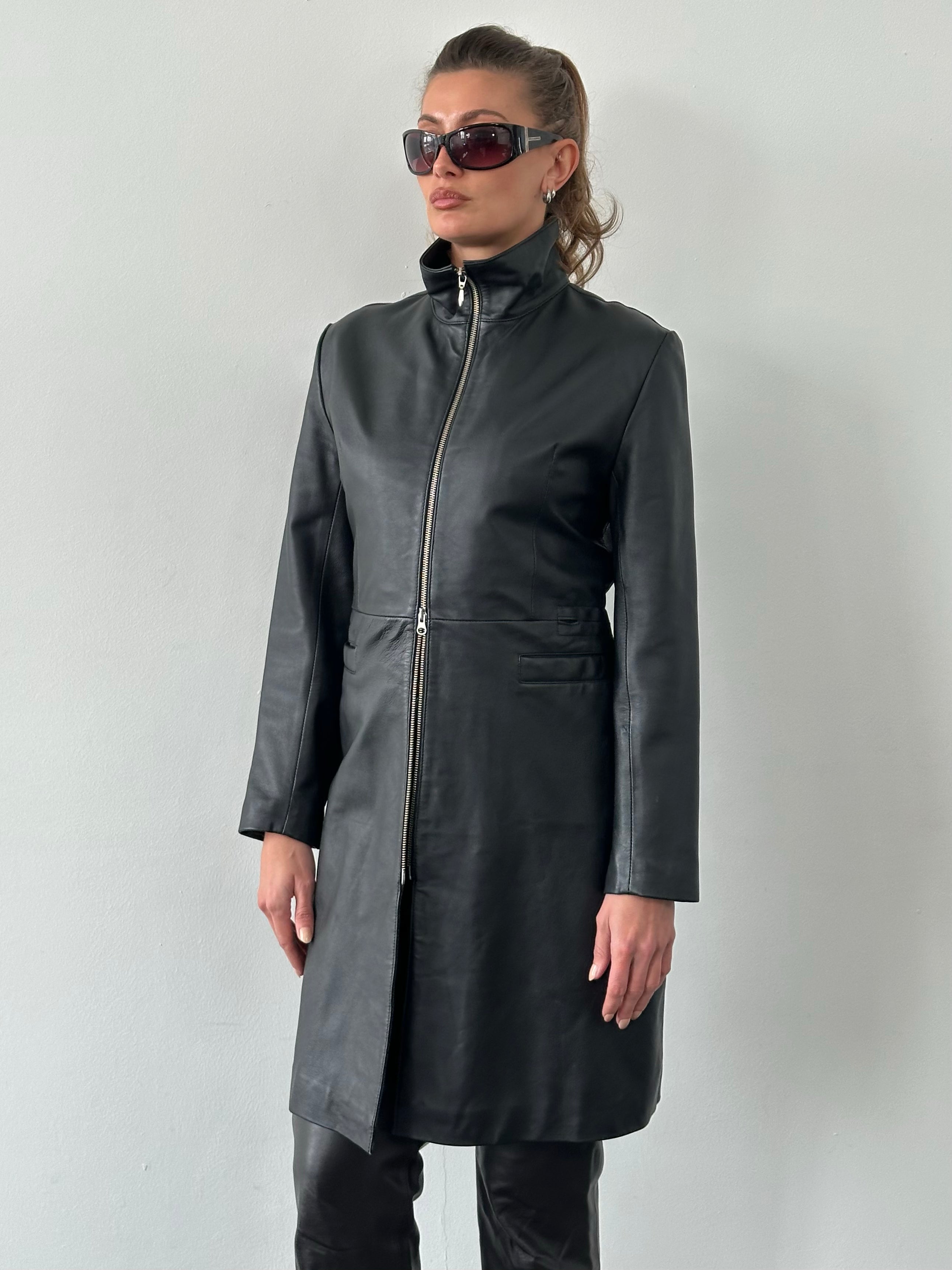 Vintage 2000s Double Zip Leather Trench Coat - M