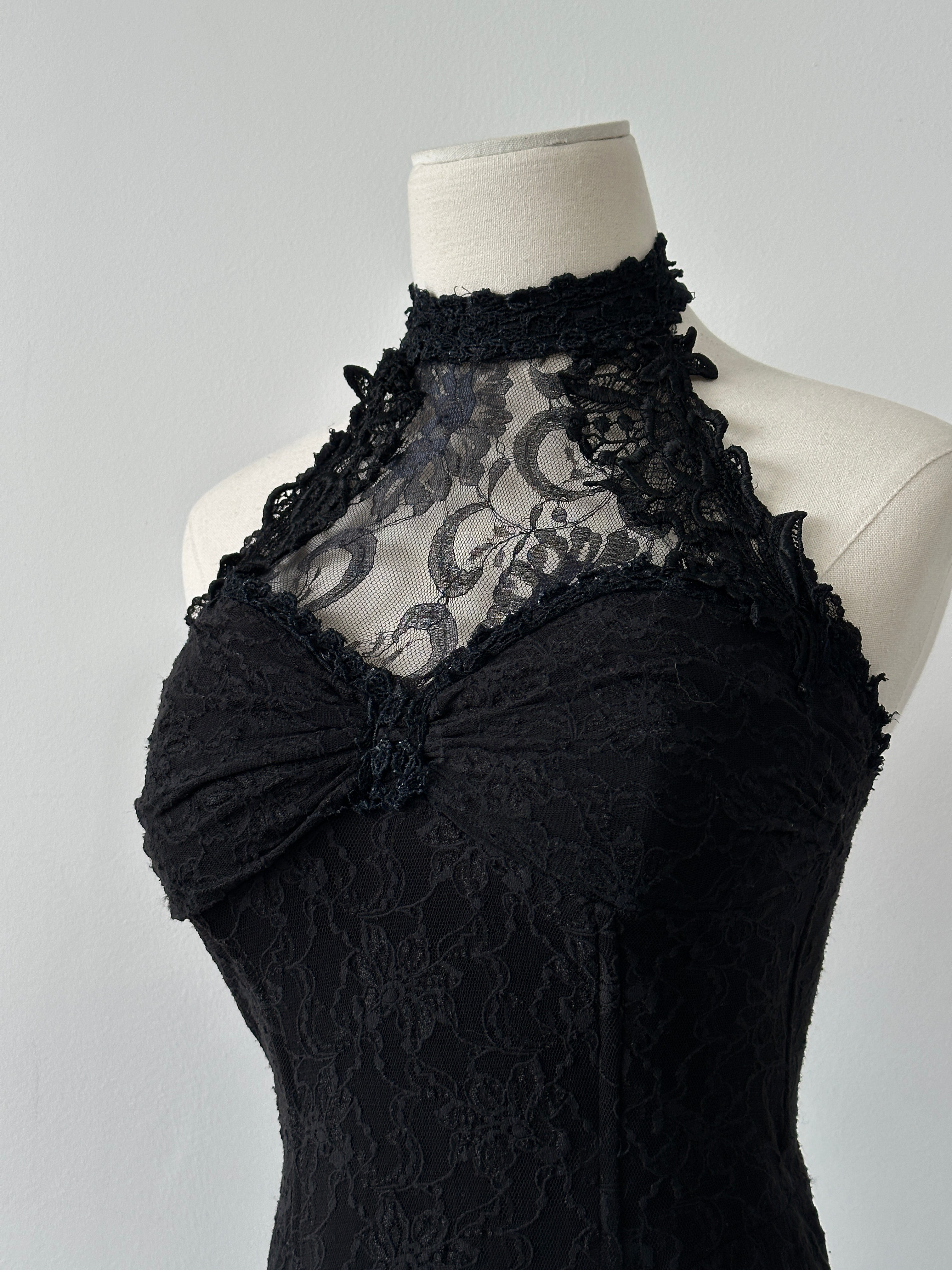 Vintage 2000s Lace Halterneck Midi Dress - M