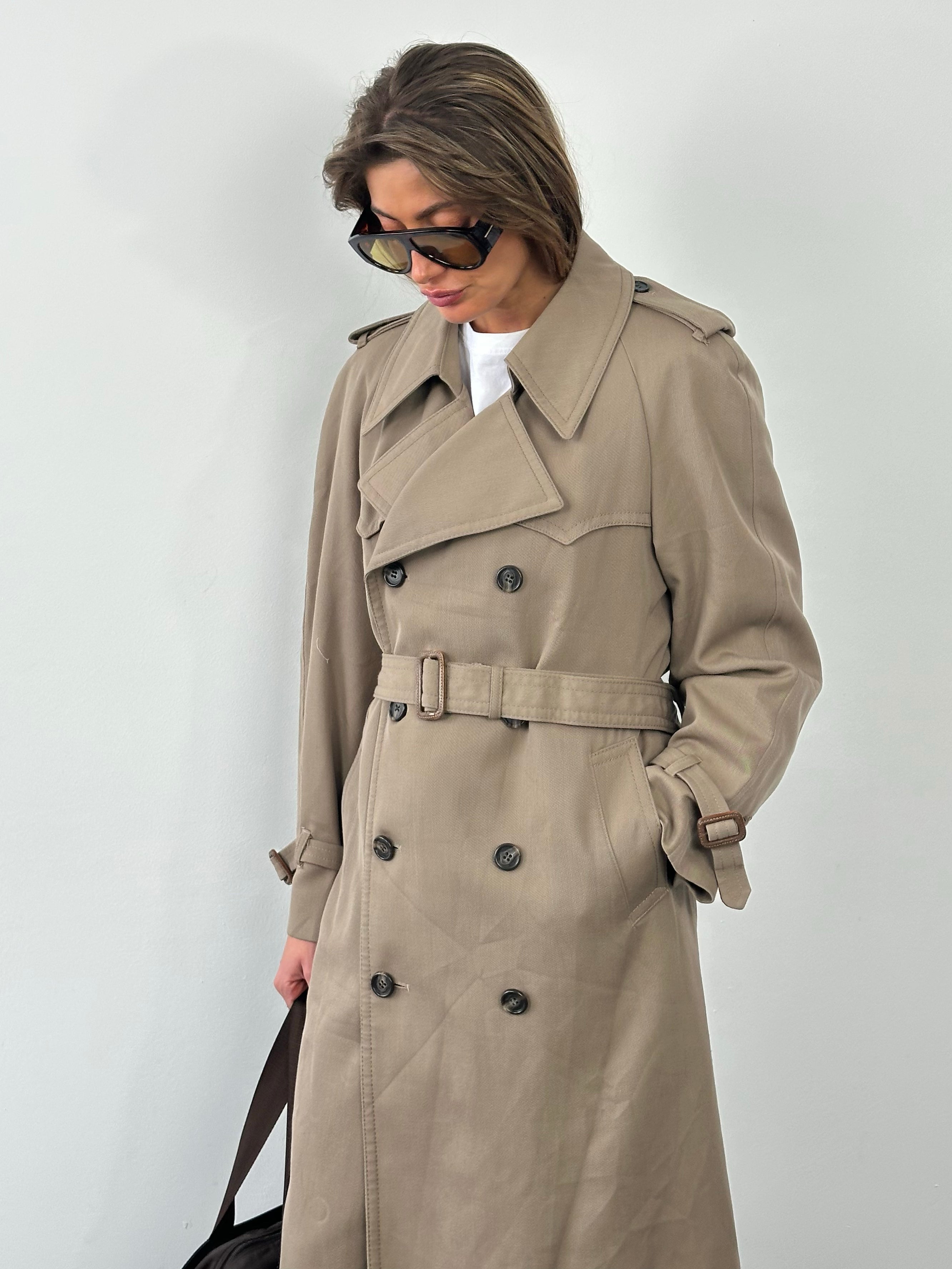 London Fog 1980s Wool Double Breated Belted Trench - L