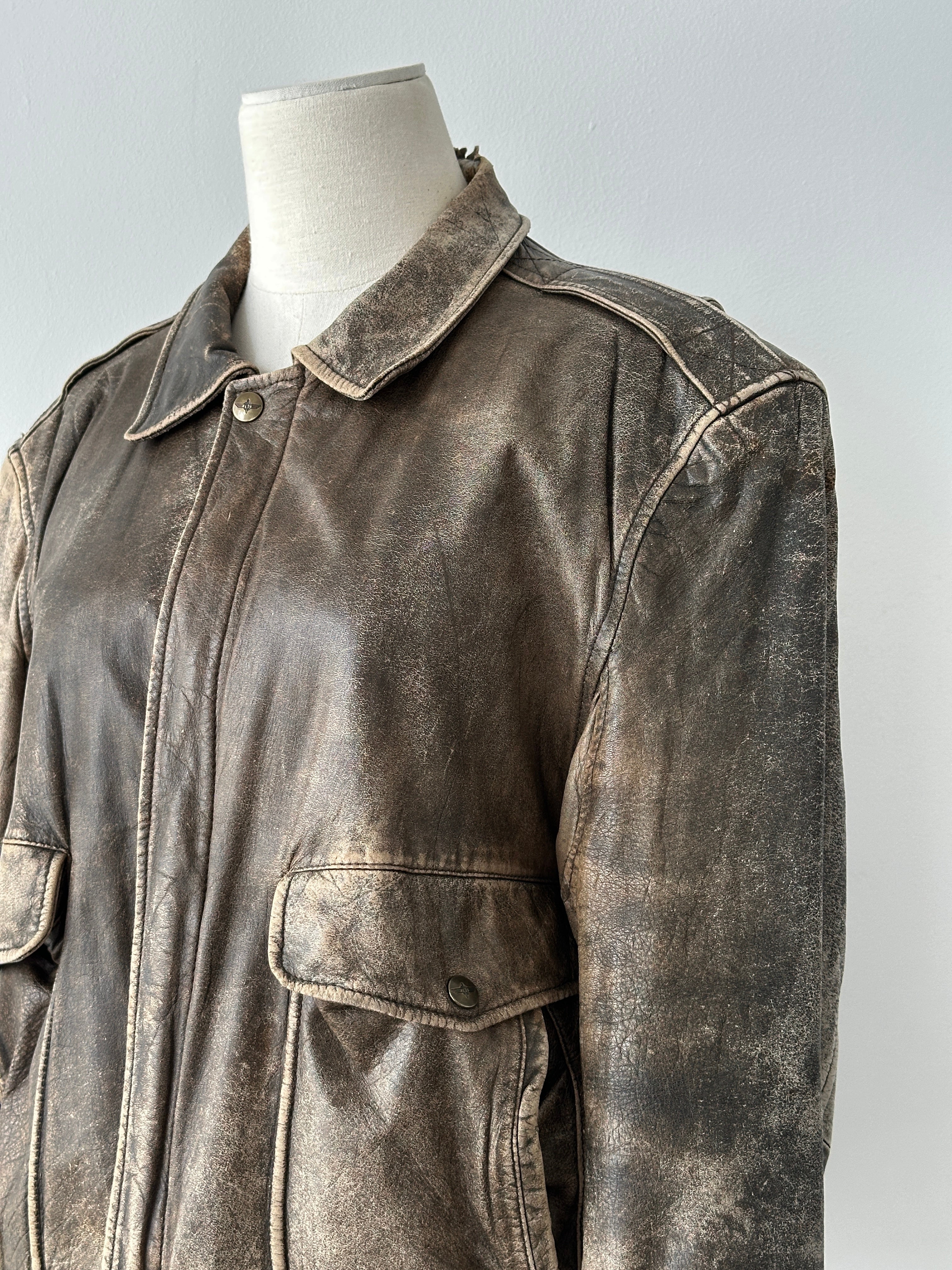 Vintage 1990s Distressed Leather Bomber Jacket - M-L