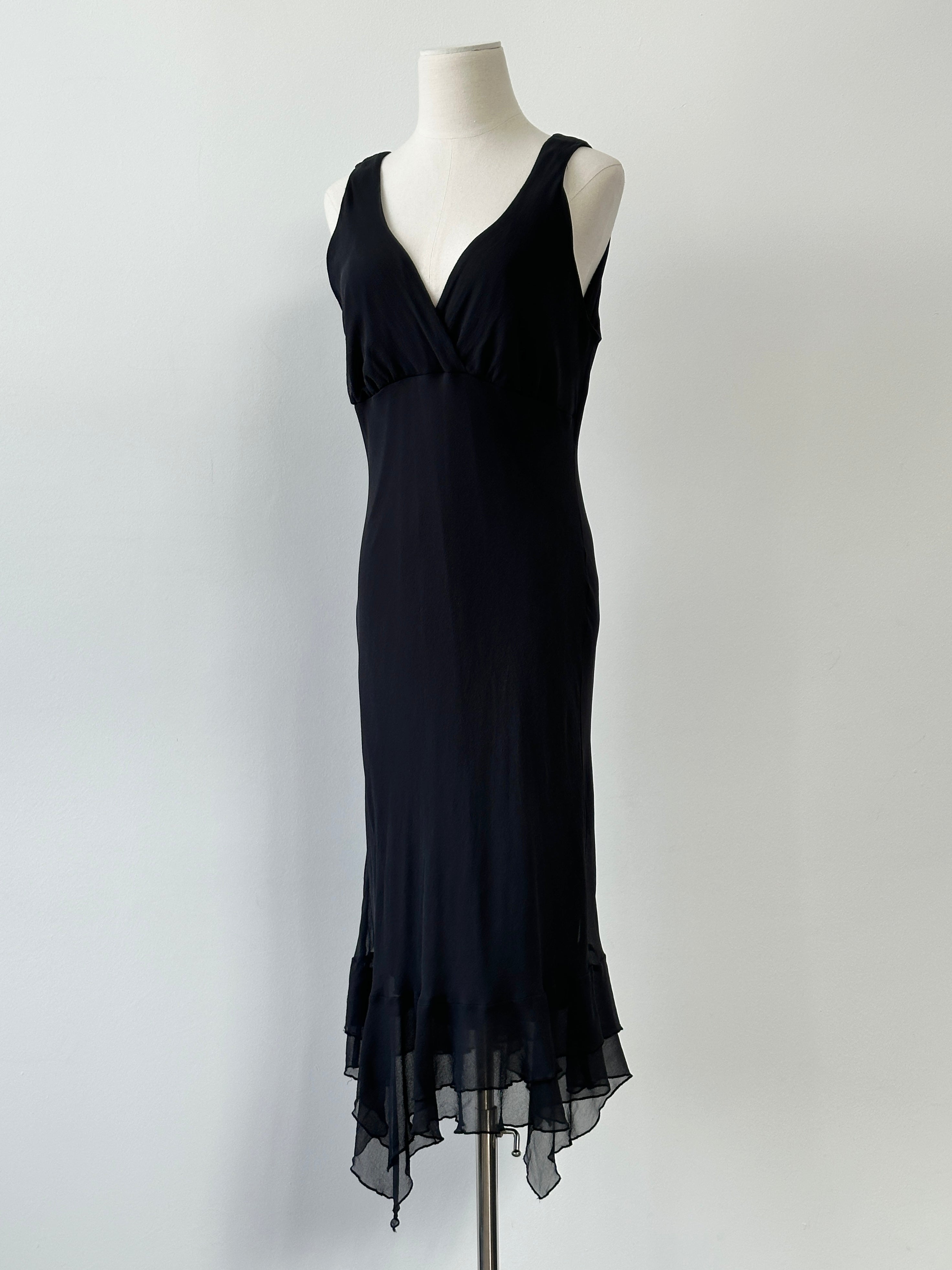 Vintage 2000s pure silk midi maxi dress with handkerchief hem, showcasing elegant flowing fabric and retro style.