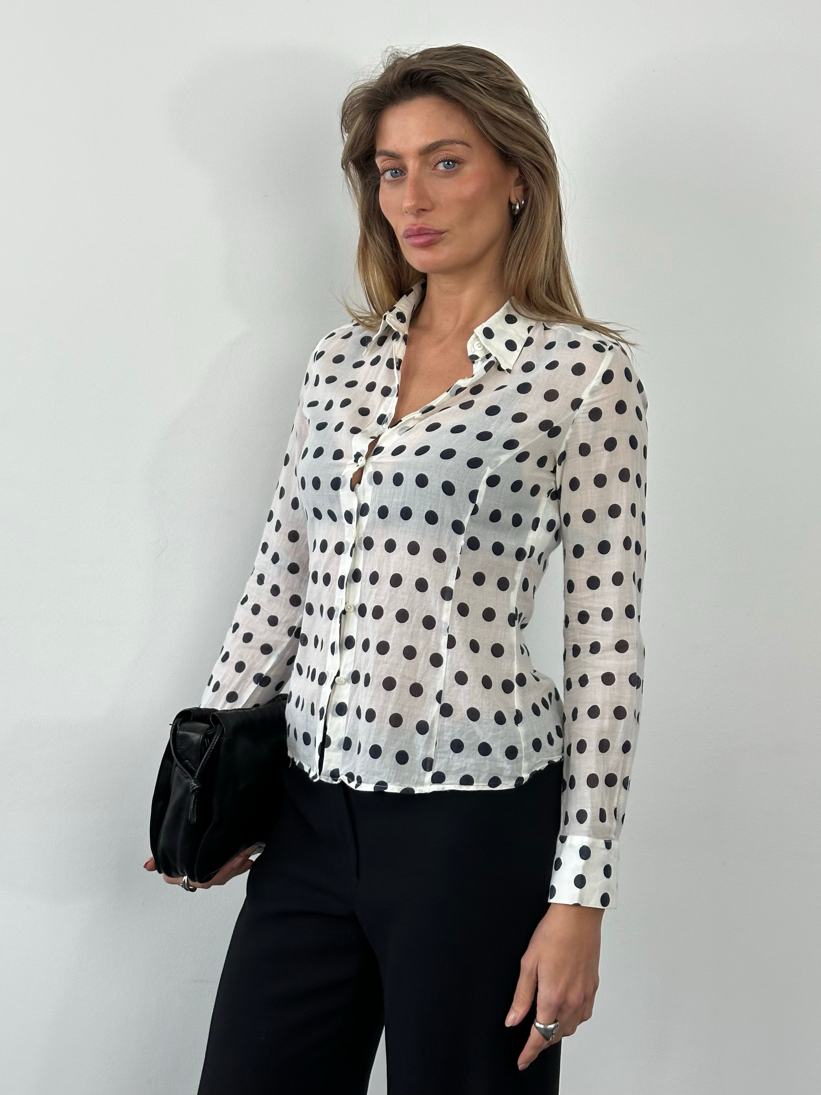Marella 2000s pure cotton polka dot shirt in white with black dots, short-sleeve, casual style, size S.
