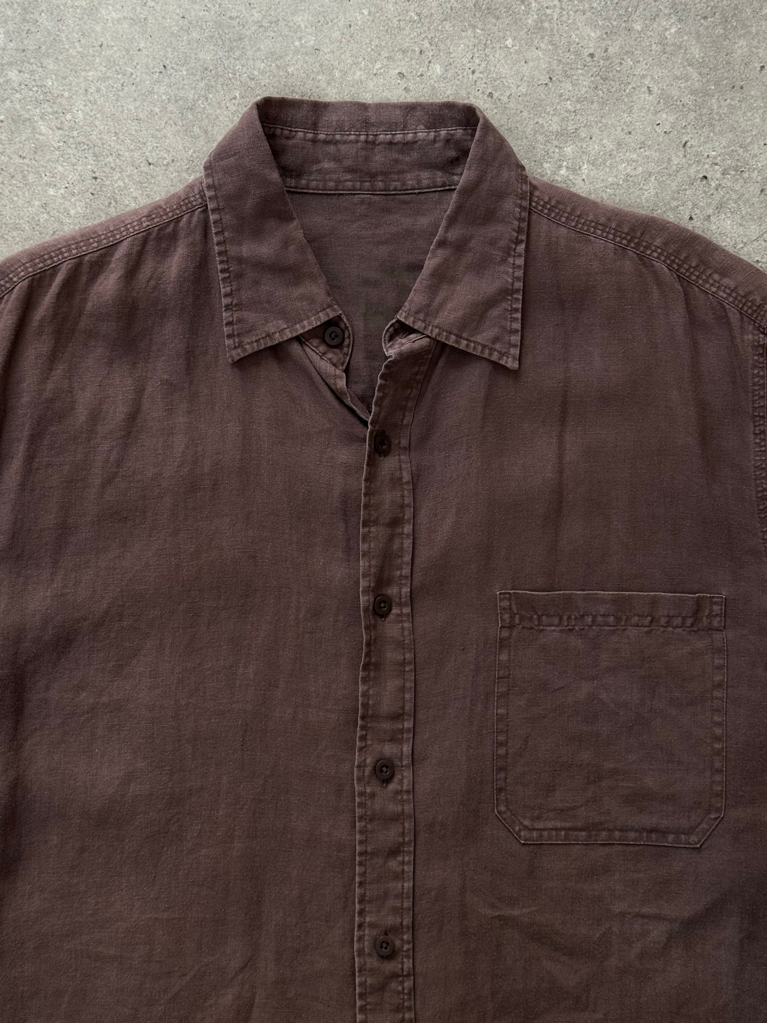 Vintage 2000s pure linen short sleeve shirt in XL, featuring a casual fit and classic design, displayed on a white background.