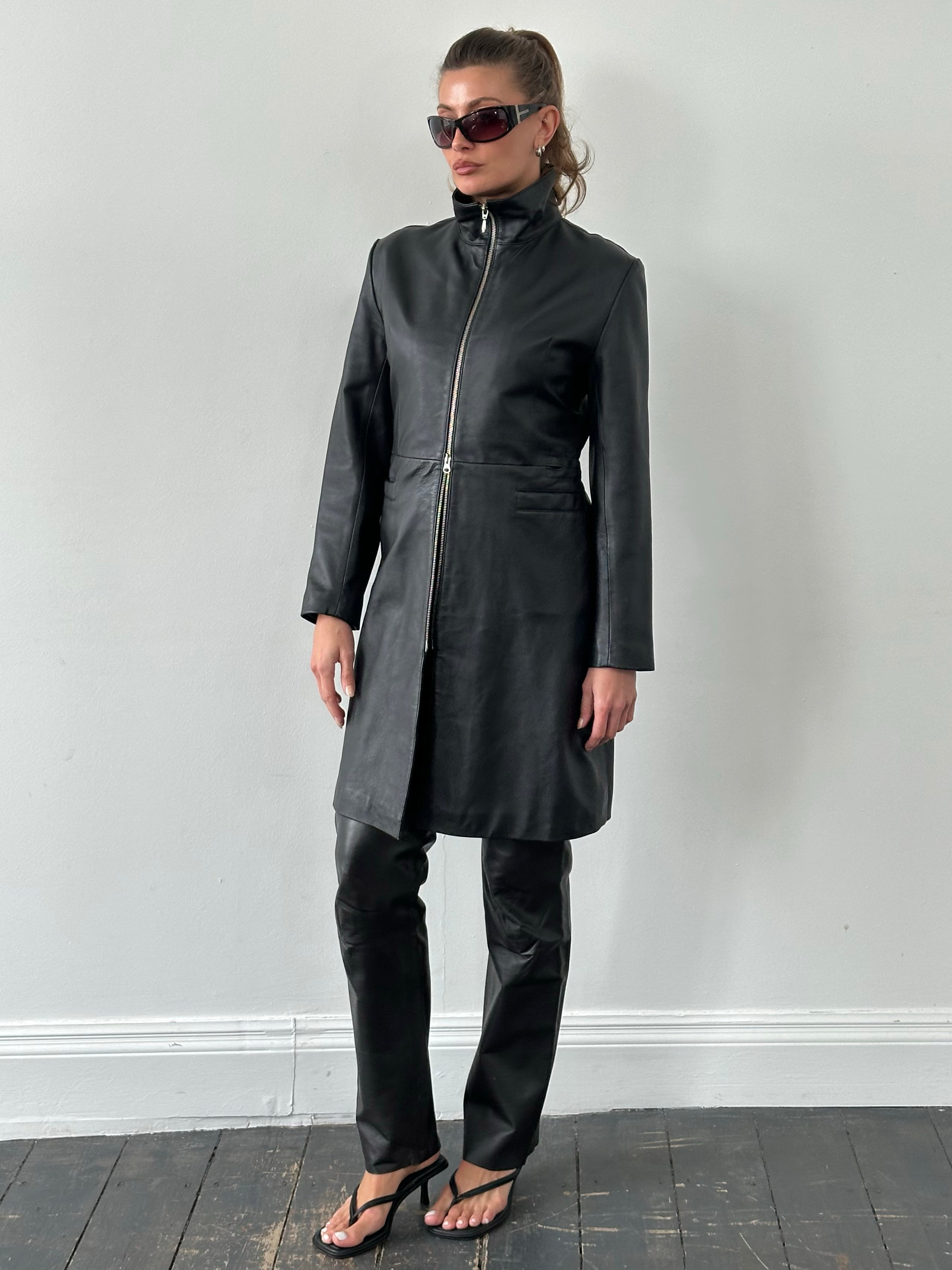 Vintage 2000s Double Zip Leather Trench Coat - M