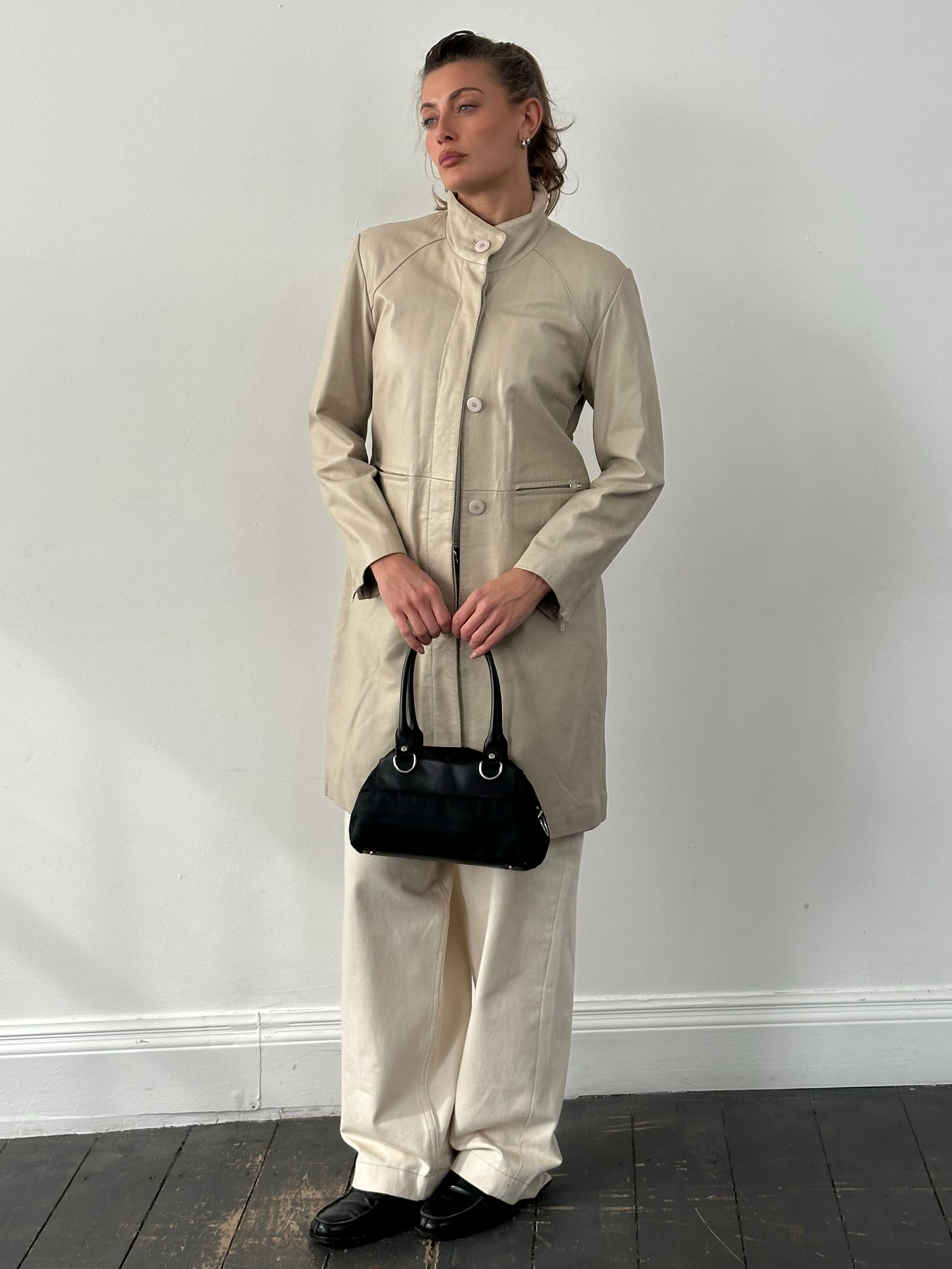 Vintage 2000s High Neck Leather Trench Coat - S