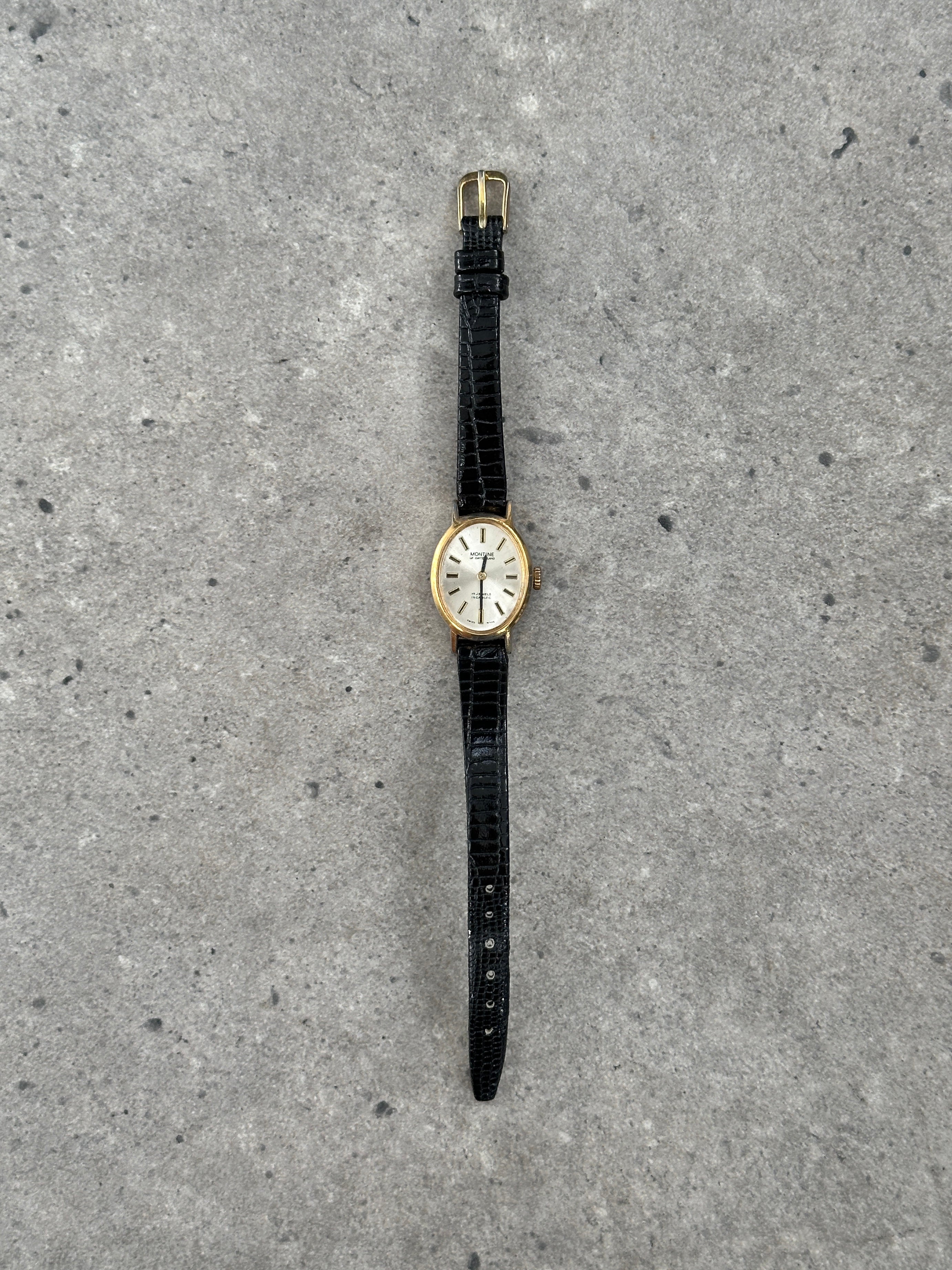 Vintage Montine 1980s Swiss Gold Tone 17 Jewel Leather Watch