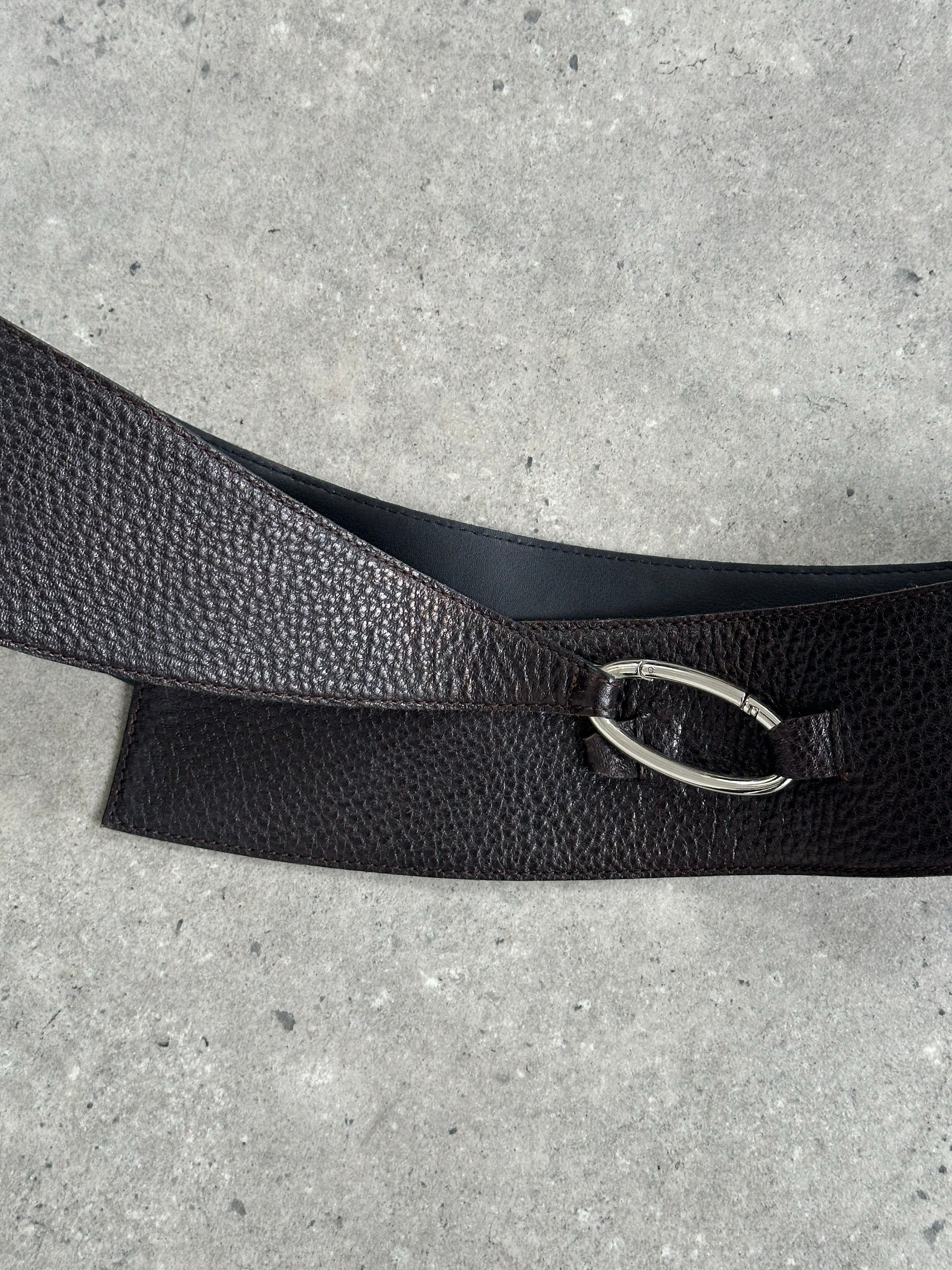 Rene Lezard 2000s leather chunky belt with wide W32-34, showcasing textured black leather and bold buckle detail.