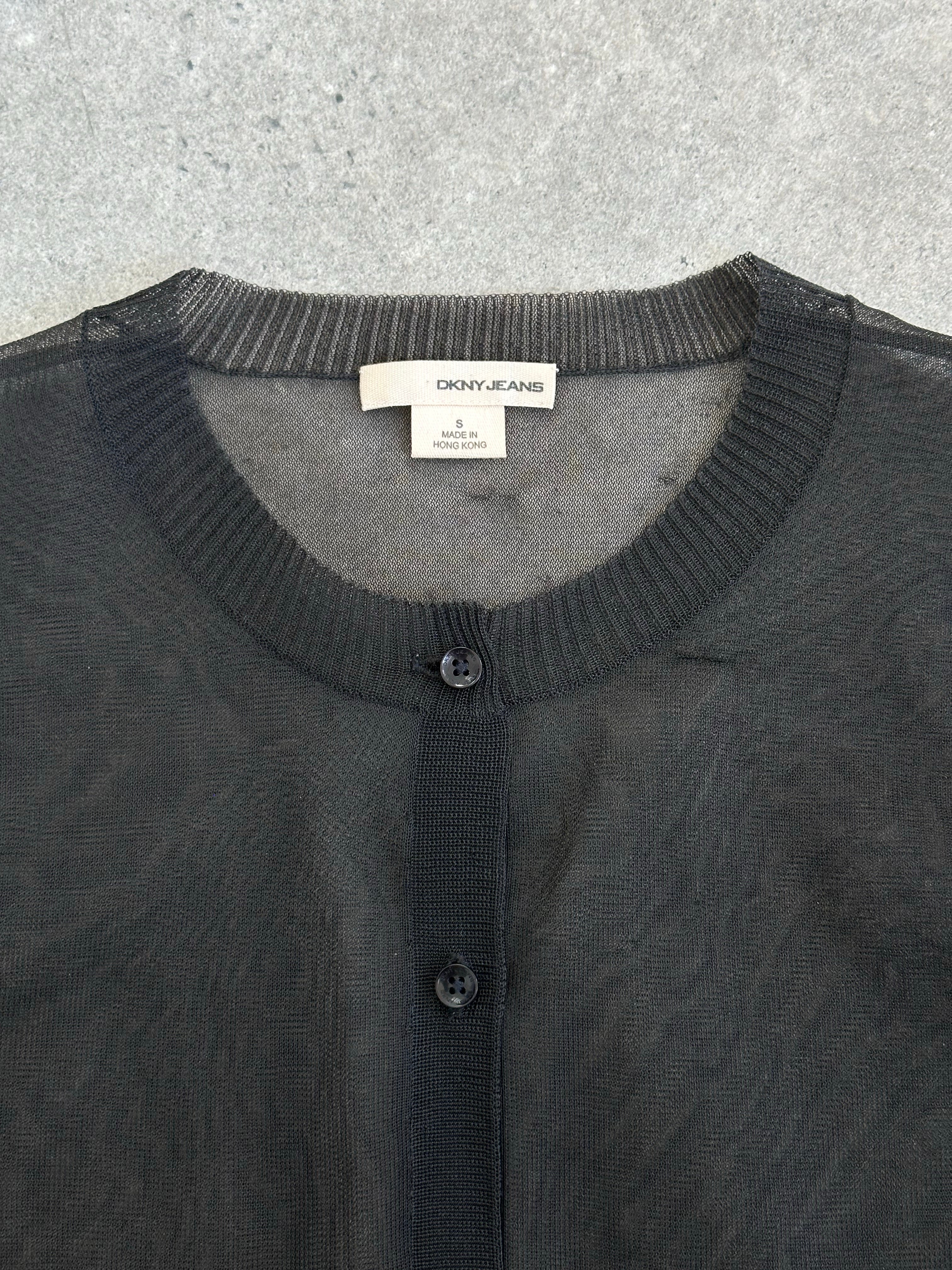 DKNY Jeans 1990s sheer knit cardigan in size small, featuring lightweight, transparent fabric with long sleeves and open front design.