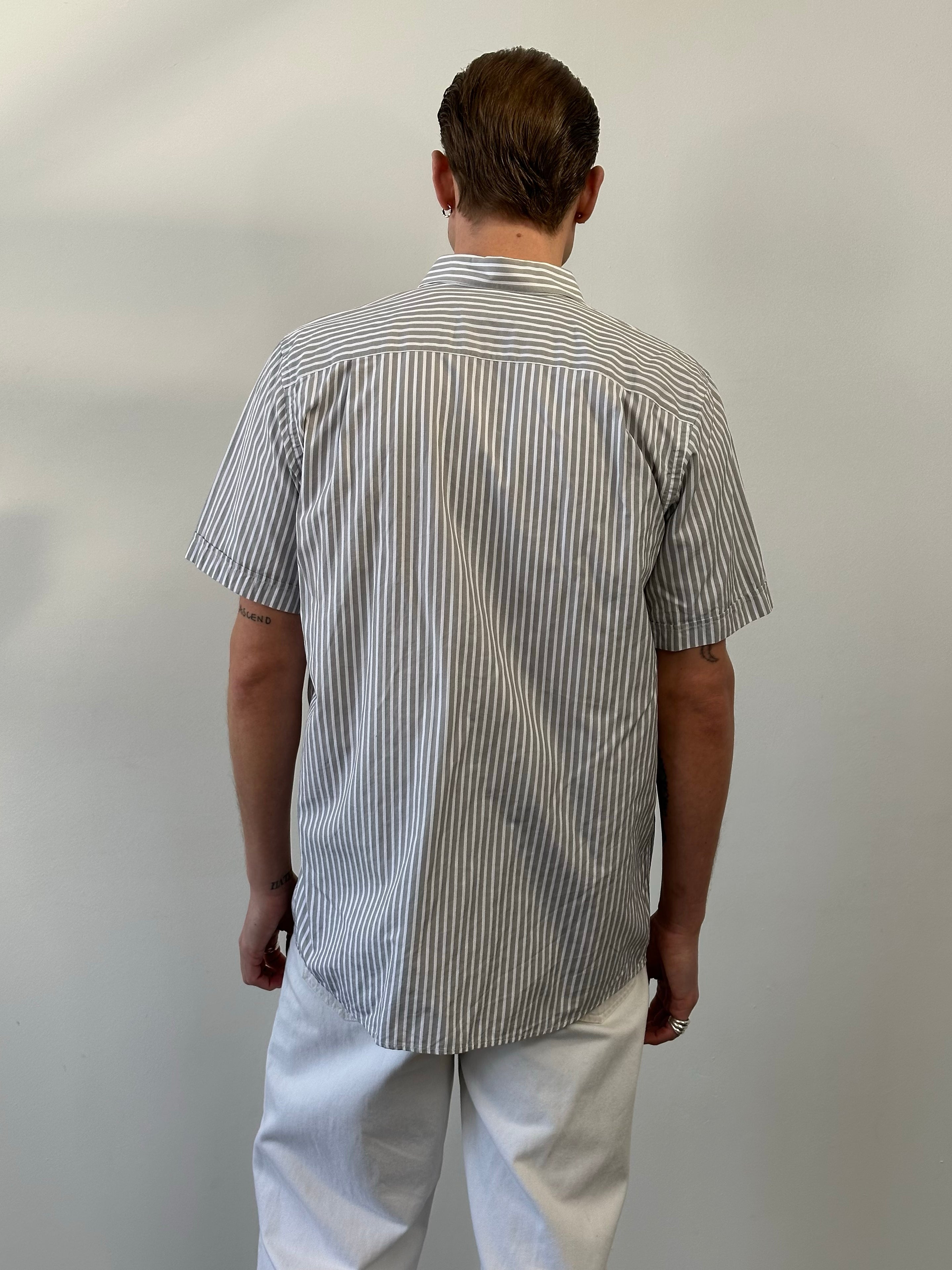 Christian Dior 1990s pure cotton striped short sleeve shirt, men's size M, with classic blue and white horizontal stripes.