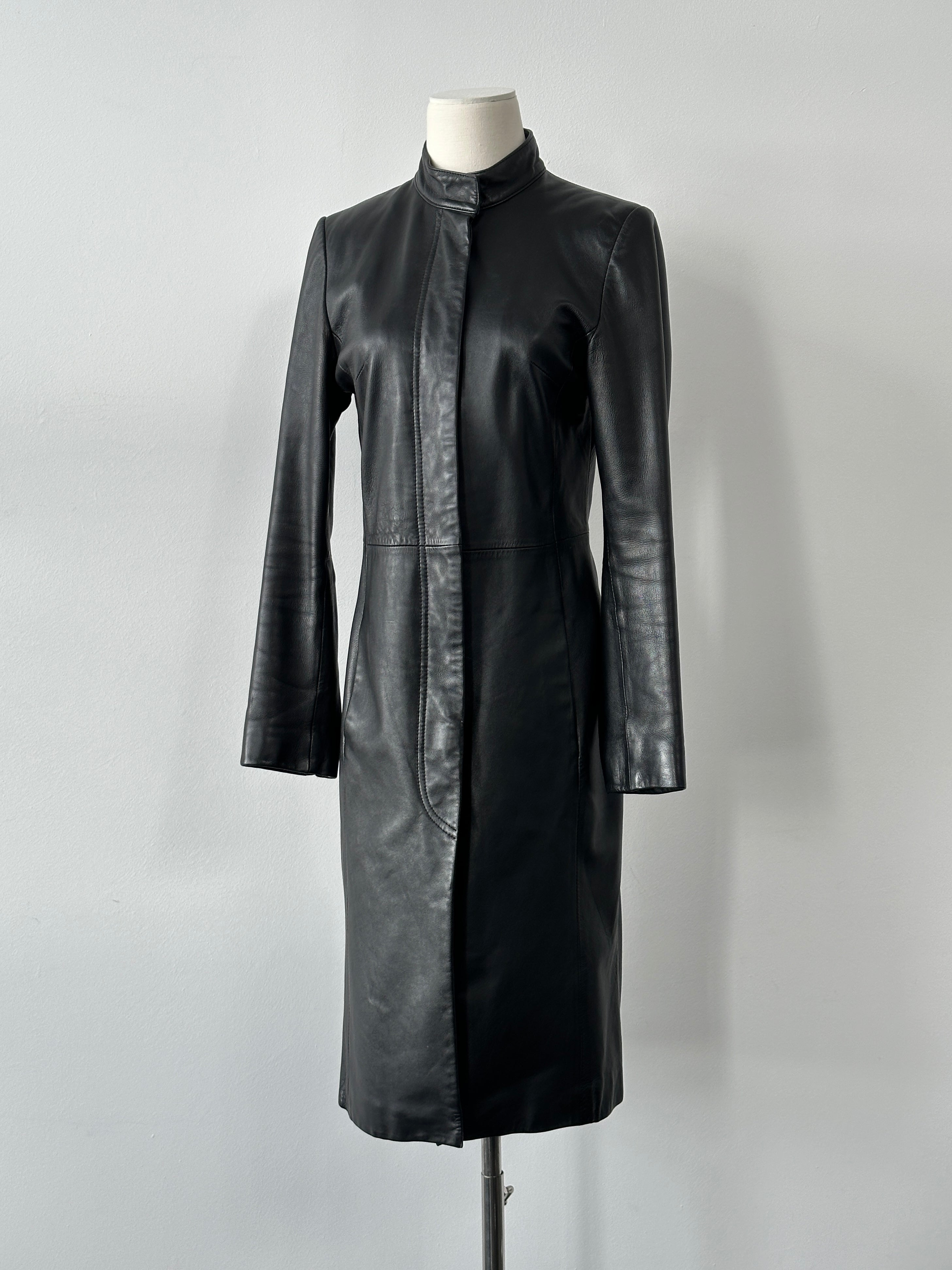 Vintage 1990s Leather High Neck Trench Coat - S