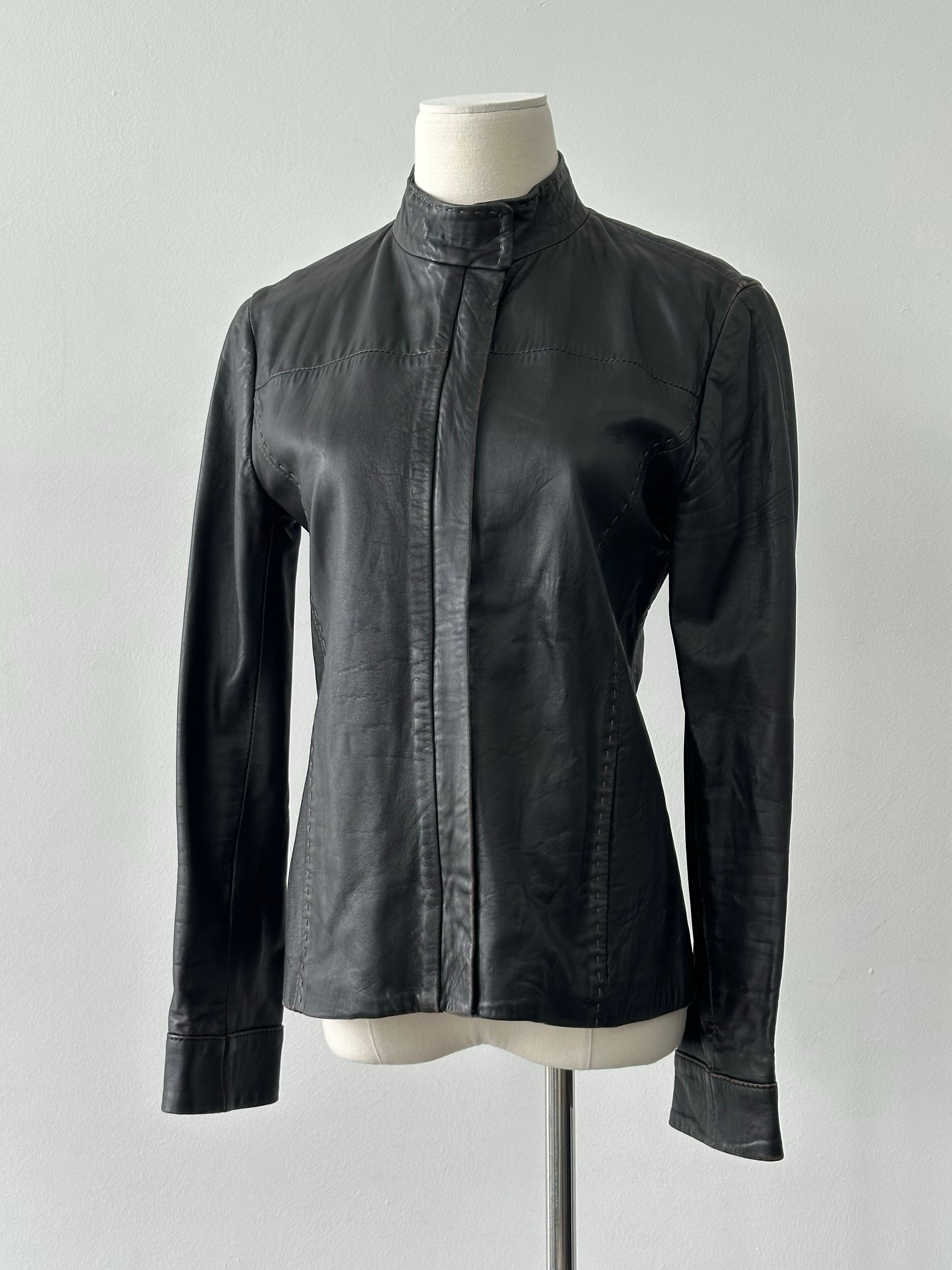 Italian Vintage 1990s Fitted High Neck Leather Jacket - XS
