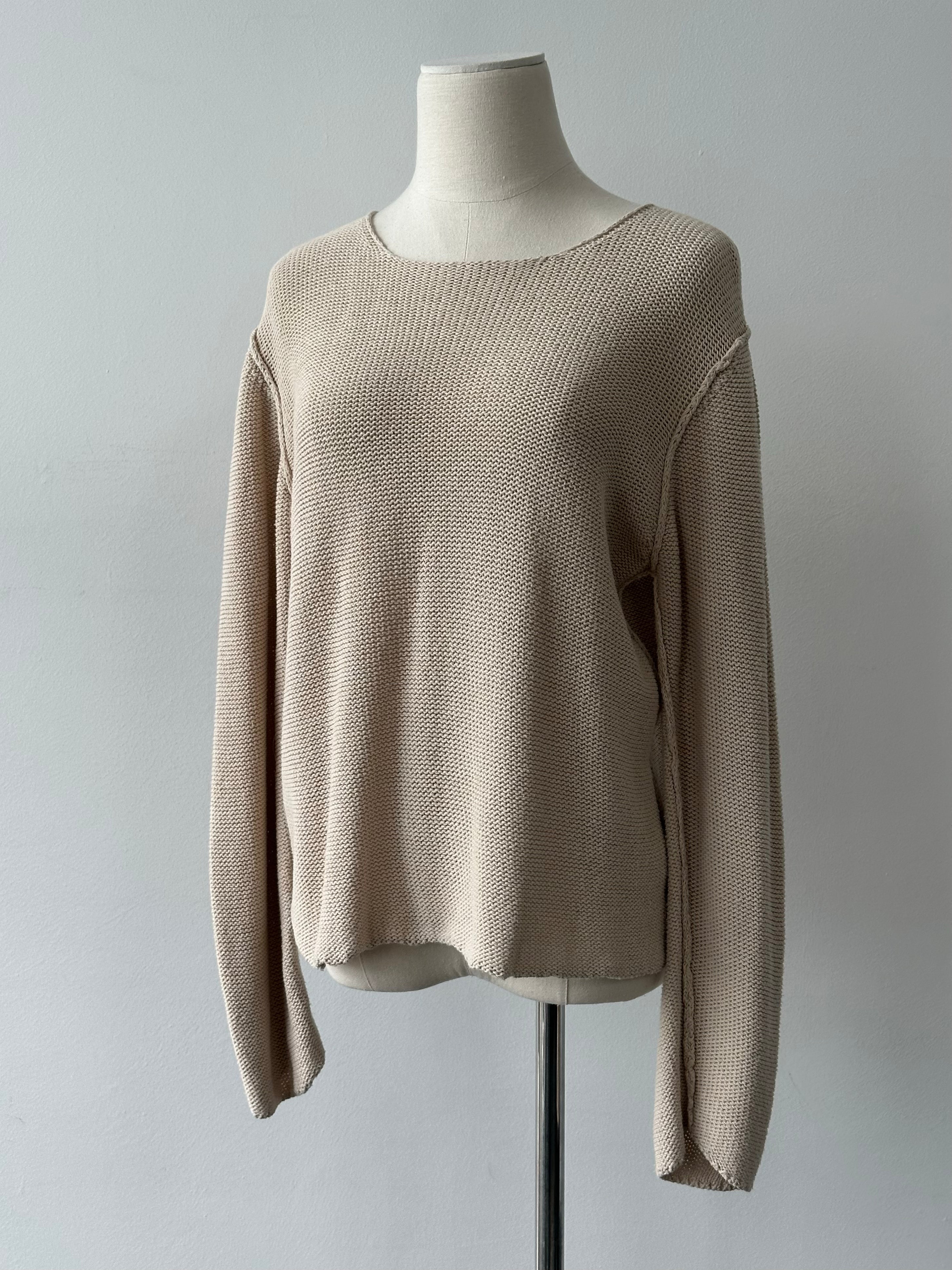 Armani Jeans 1990s pure cotton knit jumper in gray, featuring a classic crew neck and ribbed cuffs, displayed on a mannequin.