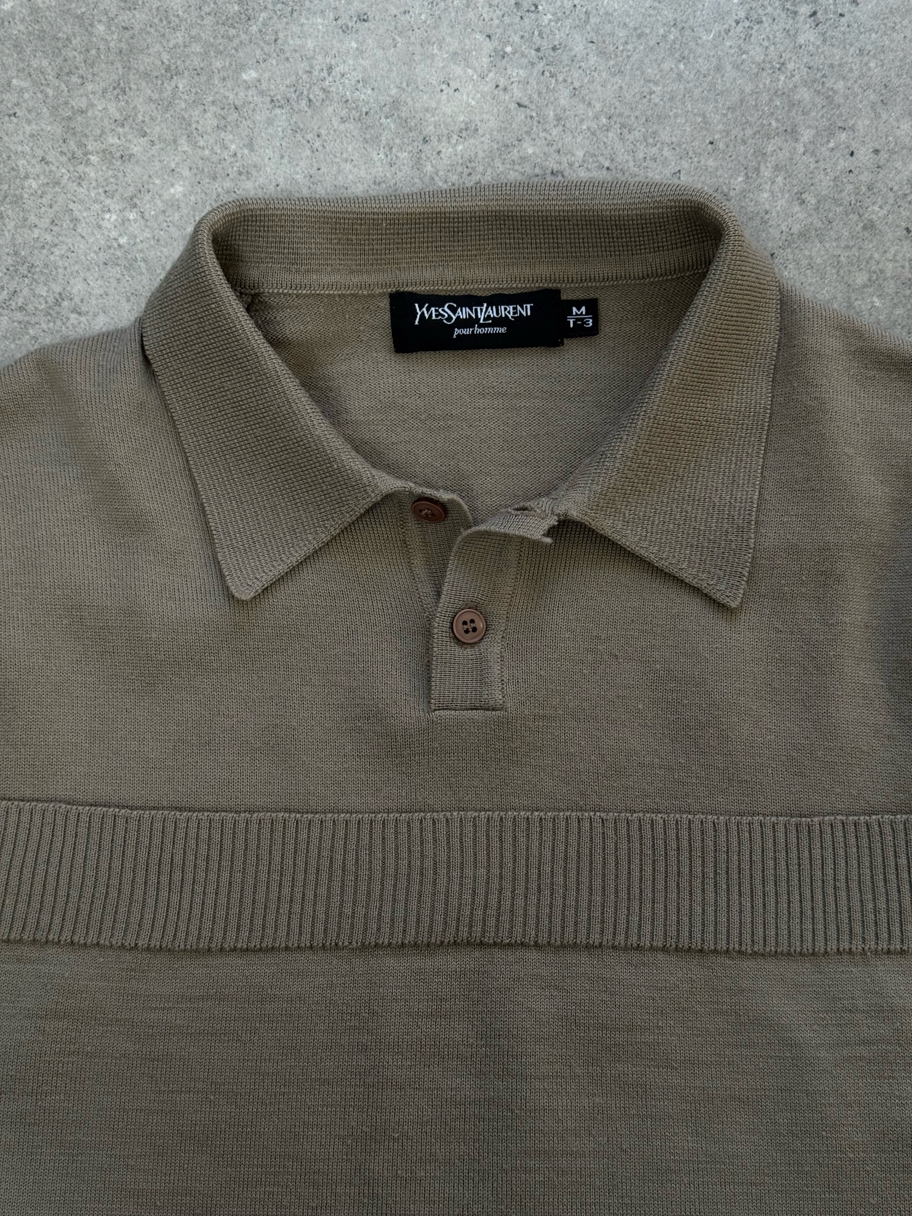 Yves Saint Laurent 1990s wool knit logo jumper in gray, featuring a classic crew neck and signature YSL branding.