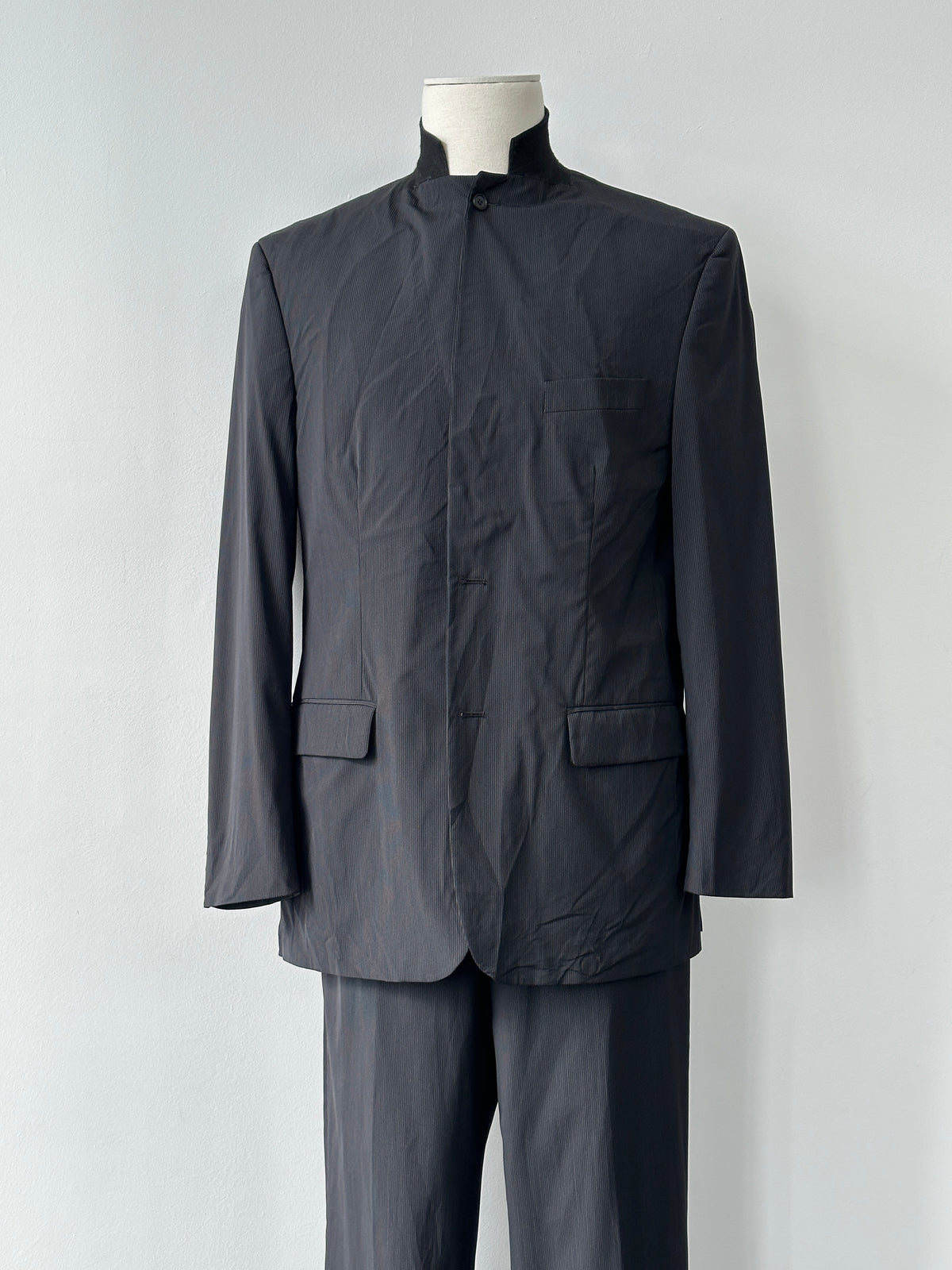 Vintage 2000s Wool Pinstripe High Neck Tailored Suit - 44R/W34