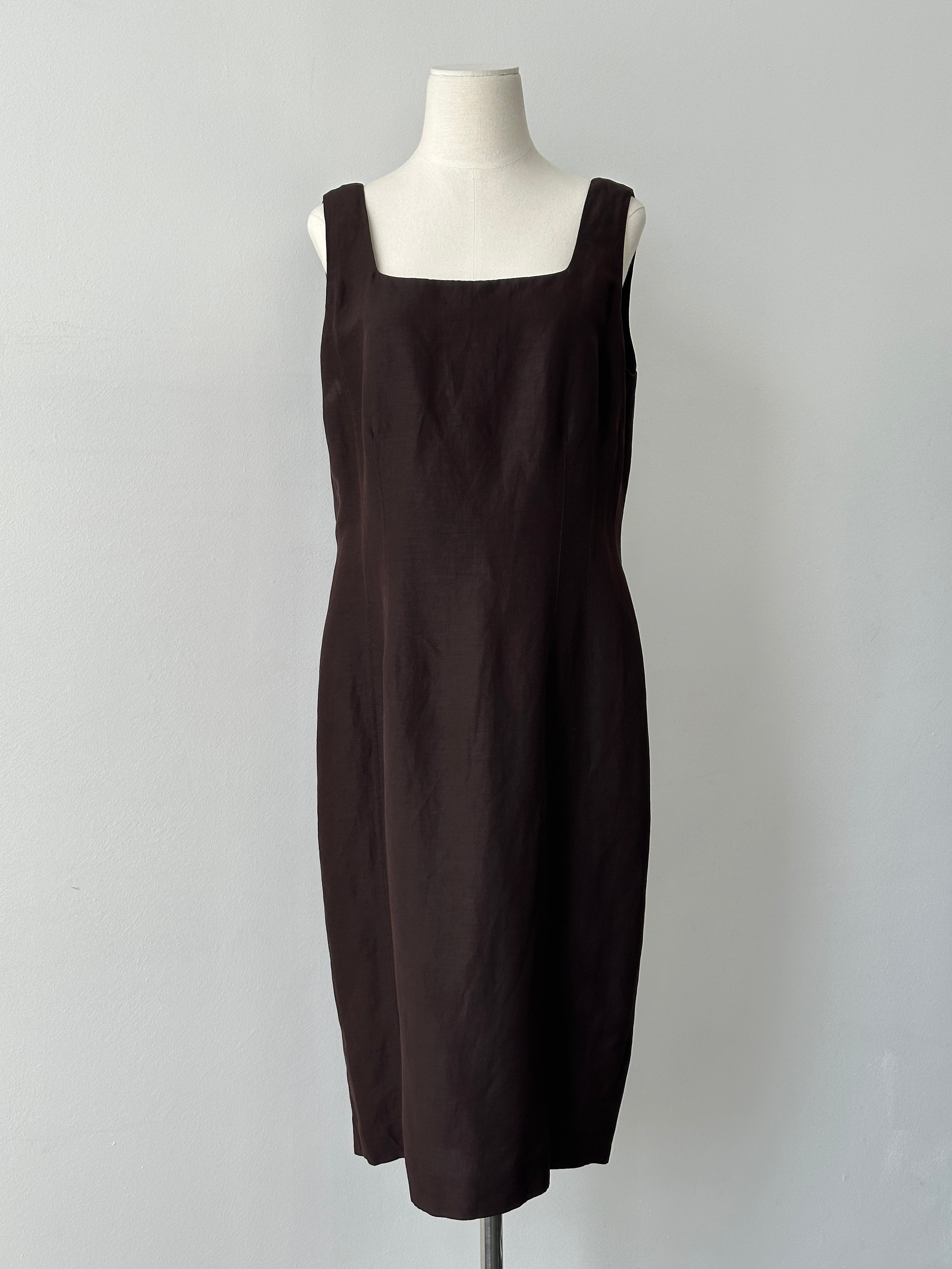 Vintage 1990s Silk Linen Square Neck Midi Dress - L